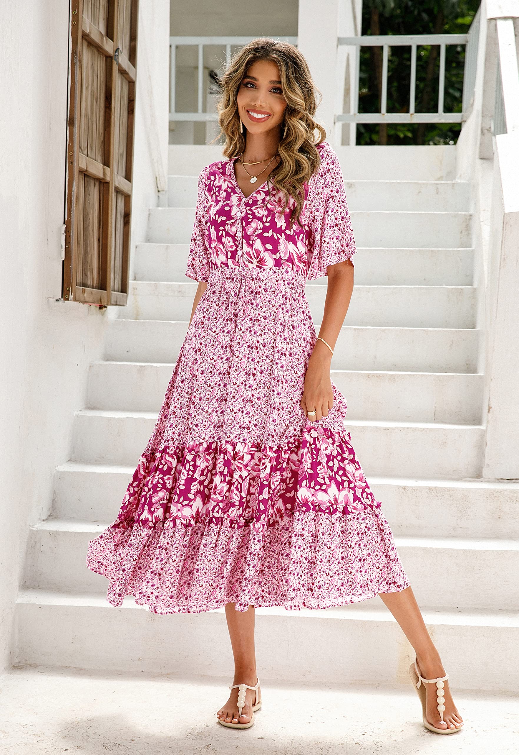 R.Vivimos Women's Floral Print Short Sleeve V-Neck Cotton Midi Dress with Button Front - Perfect for Beach Vacations, Summer Outings & Casual Wear