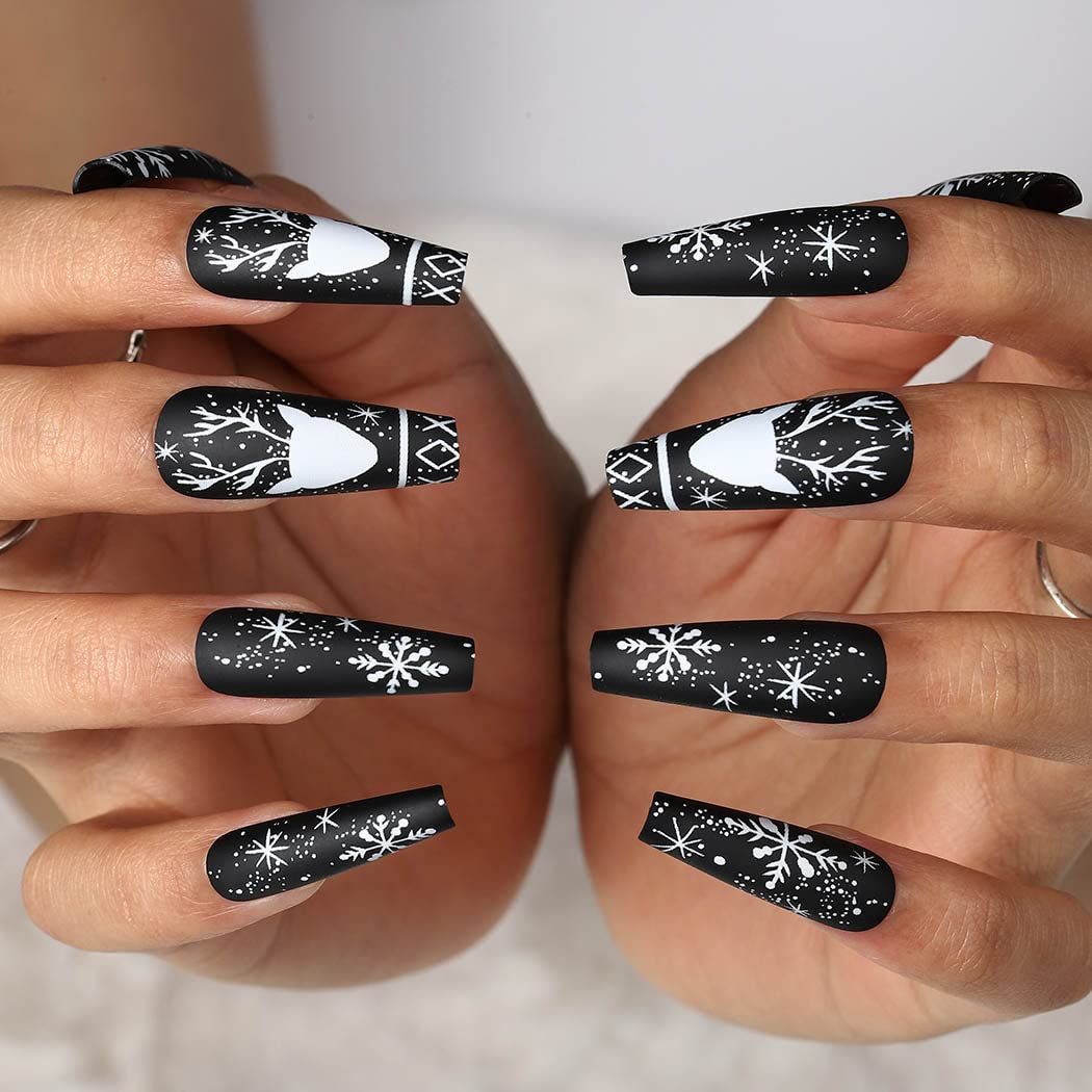 Matte Black Press on Nails Long Coffin Shape - 24Pcs Full Cover Acrylic False Nails with Snowflake & Elk Christmas Design - Elegant Ballerina Nail Tips for Women & Girls - Perfect for Holiday Parties, Gift Giving & Special Occasions (Style E)