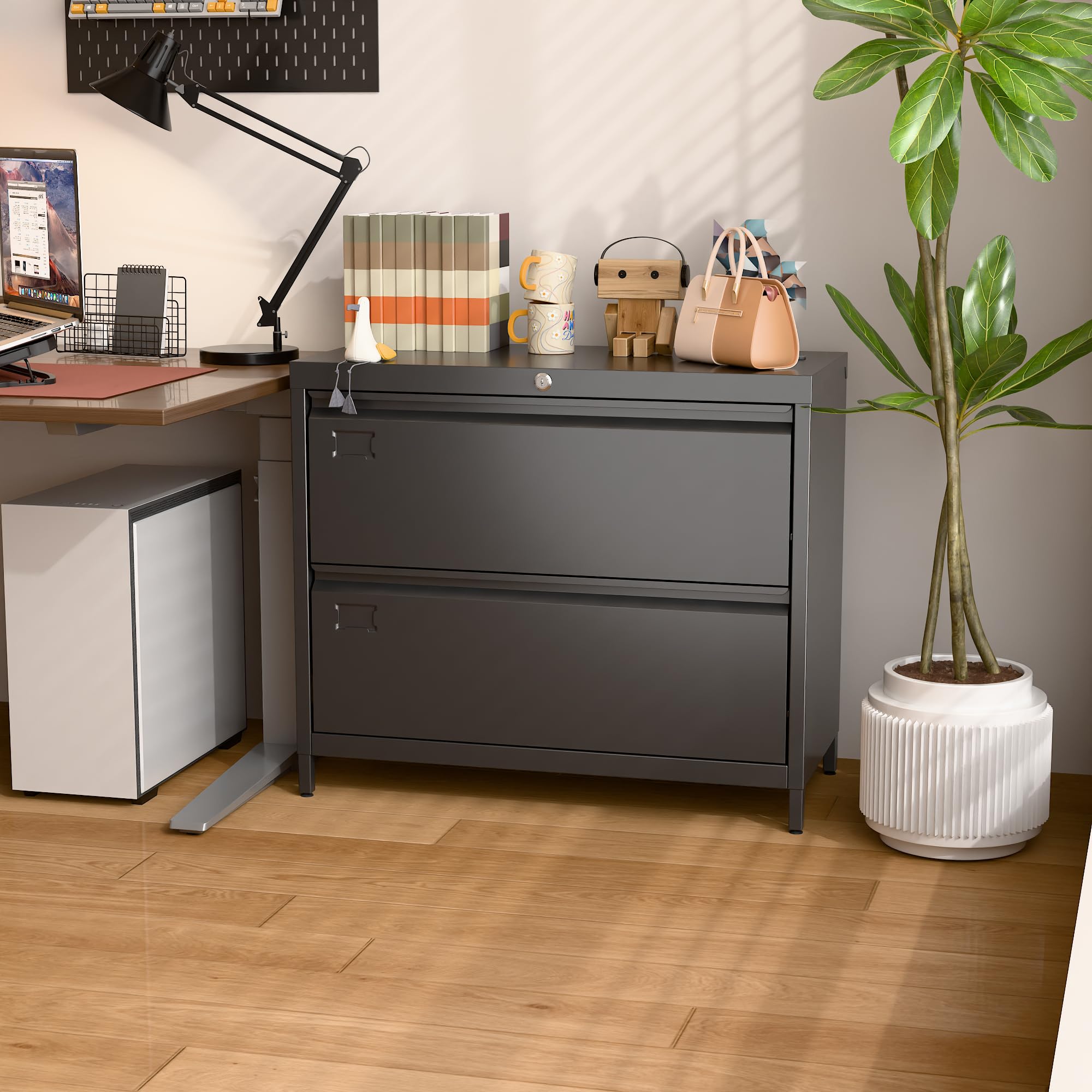 2-Drawer Lateral File Cabinet - Metal Locking Filing Cabinet with Business Card Slot for Letter/Legal/F4/A4 Folders - Black Home Office School Storage Solution - Perfect for Organizing Documents in Small Spaces