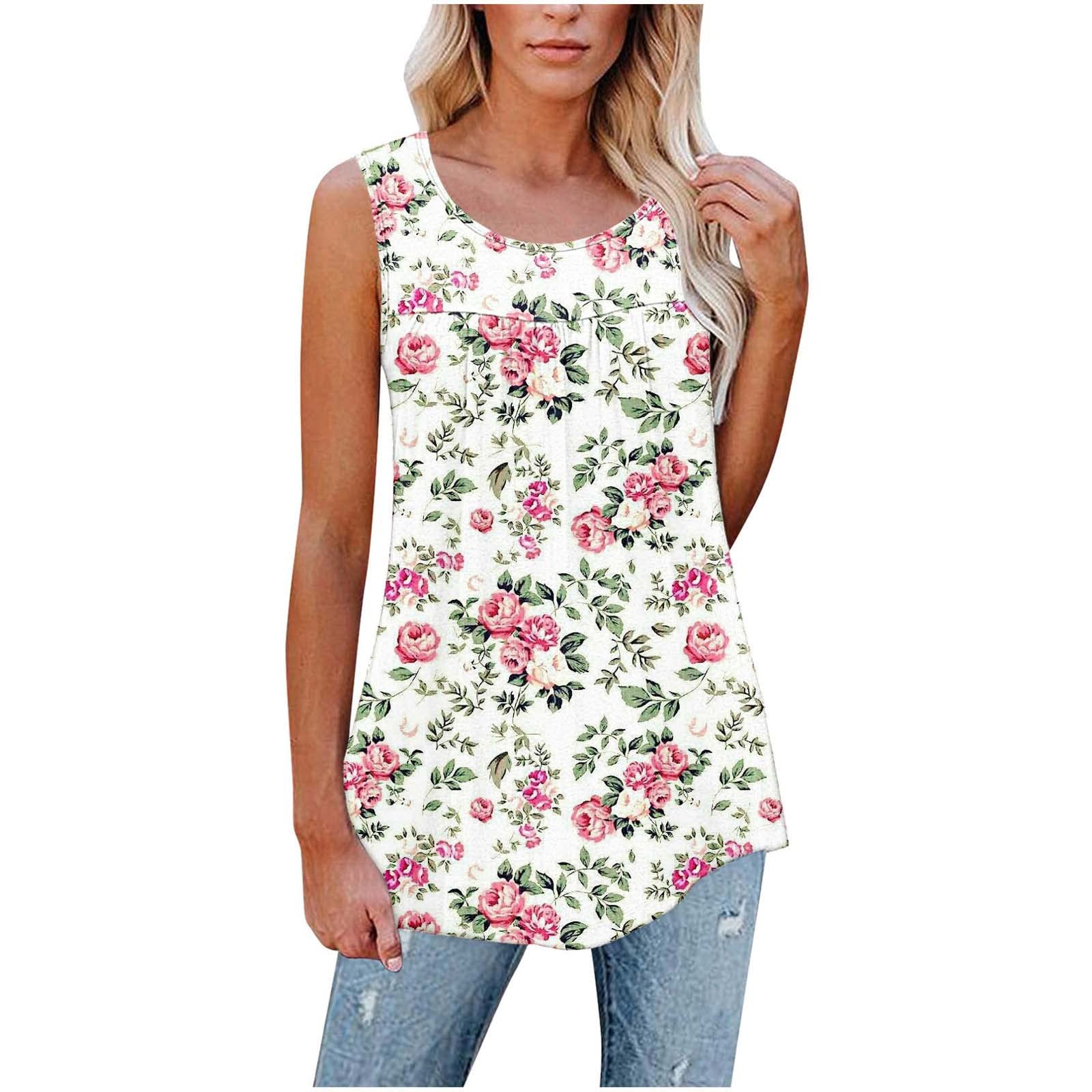 Women's Floral Pleated Sleeveless Tunic Top - Cute Summer Tank Blouse for Casual Wear & Going Out | Perfect for Beach Vacations, Date Nights & Summer Parties