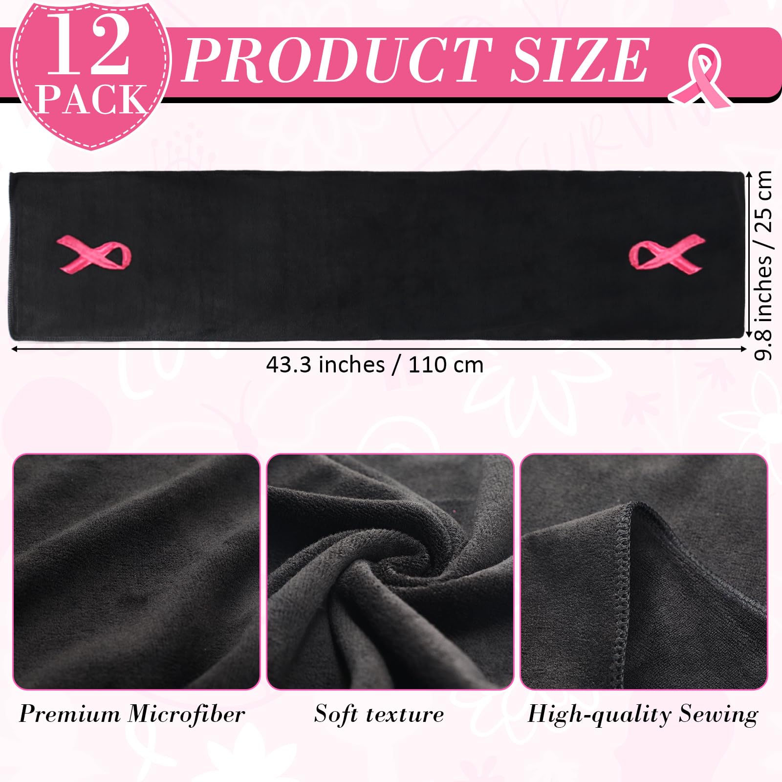12 Pack Pink Ribbon Breast Cancer Awareness Towels - 9.8
