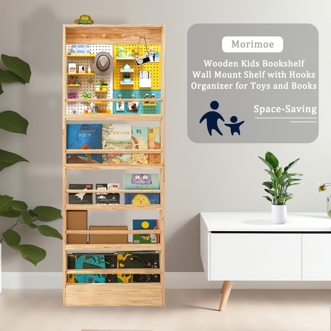 Wooden Kids Bookshelf with Wall Mount & Hooks - Space Saving Books and Toys Organizer for Nursery, Playroom & Bedroom - Perfect for Storybooks, Stuffed Animals & Room Decor