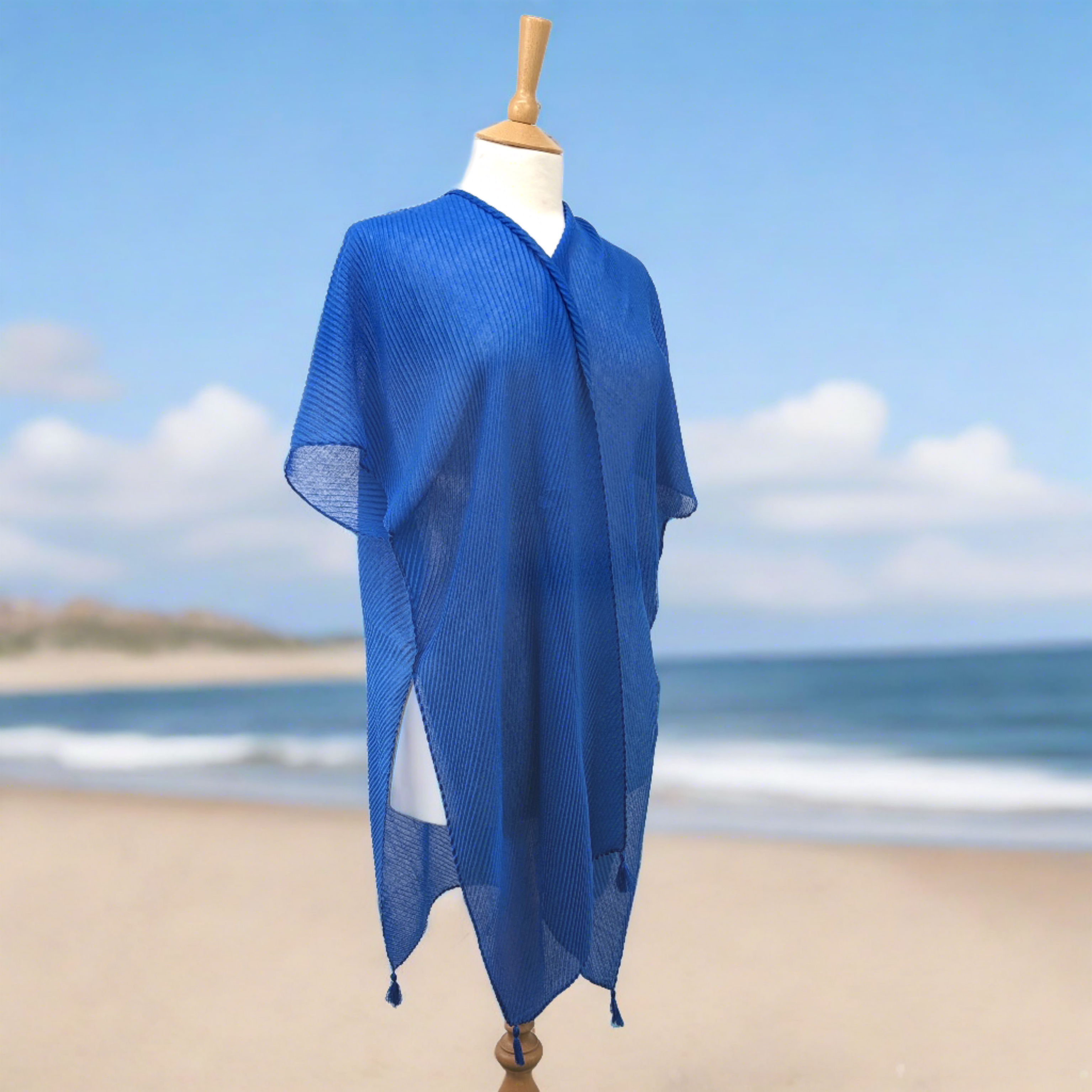 Cobalt Blue Crinkle Kaftan with Tassels - Women's Flowy Beach Cover Up Dress for Summer Vacation, Pool Party & Boho Fashion