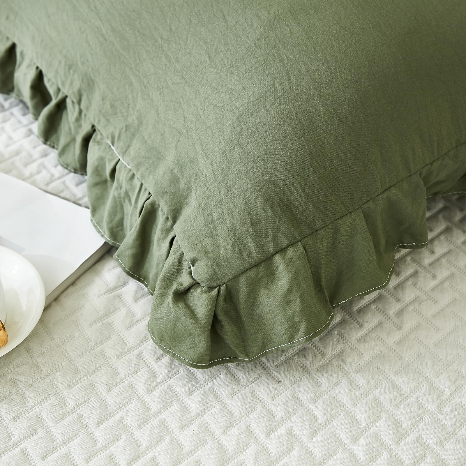 Olive Green Ruffled Pillow Shams Set of 2 - King Size 20x36 Inches - Shabby Chic Decorative Pillowcases with Fringe Design for Bedroom, Living Room, Sofa & Home Decor