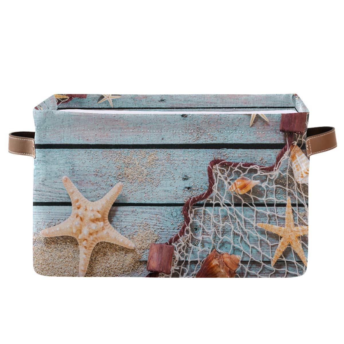 AUUXVA Large Collapsible Fabric Storage Basket with Handles - Rustic Wooden Starfish Design for Beach Toys, Nursery, Bedroom & Bathroom Organization | Perfect for Summer Storage & Home Decor