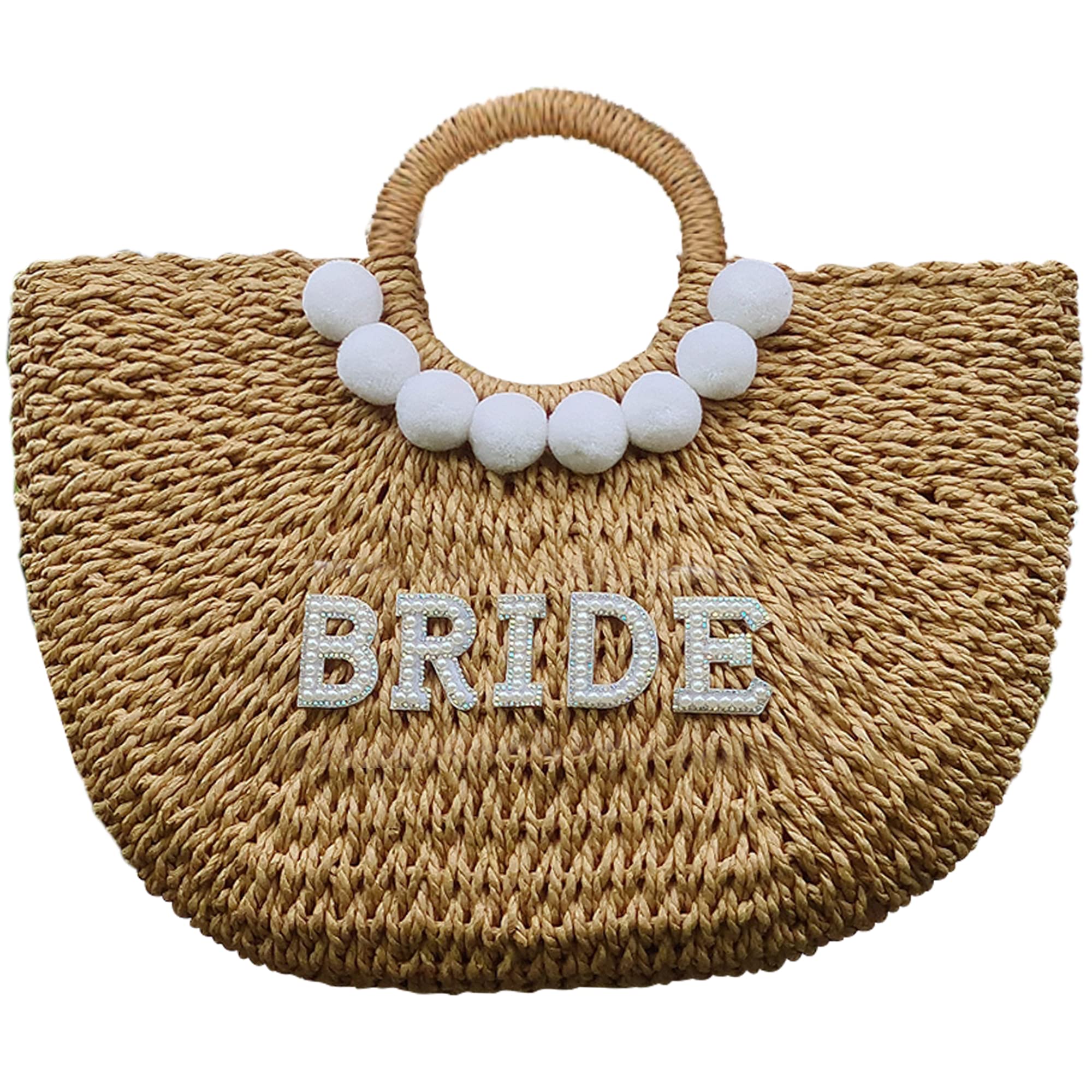 Handwoven Straw Beach Bag for Bride with Rhinestone & Pearl Letters - Bachelorette Party, Wedding & Honeymoon Essentials by PureRejuva | Perfect for Beach Getaways, Bridal Showers & Tropical Vacations