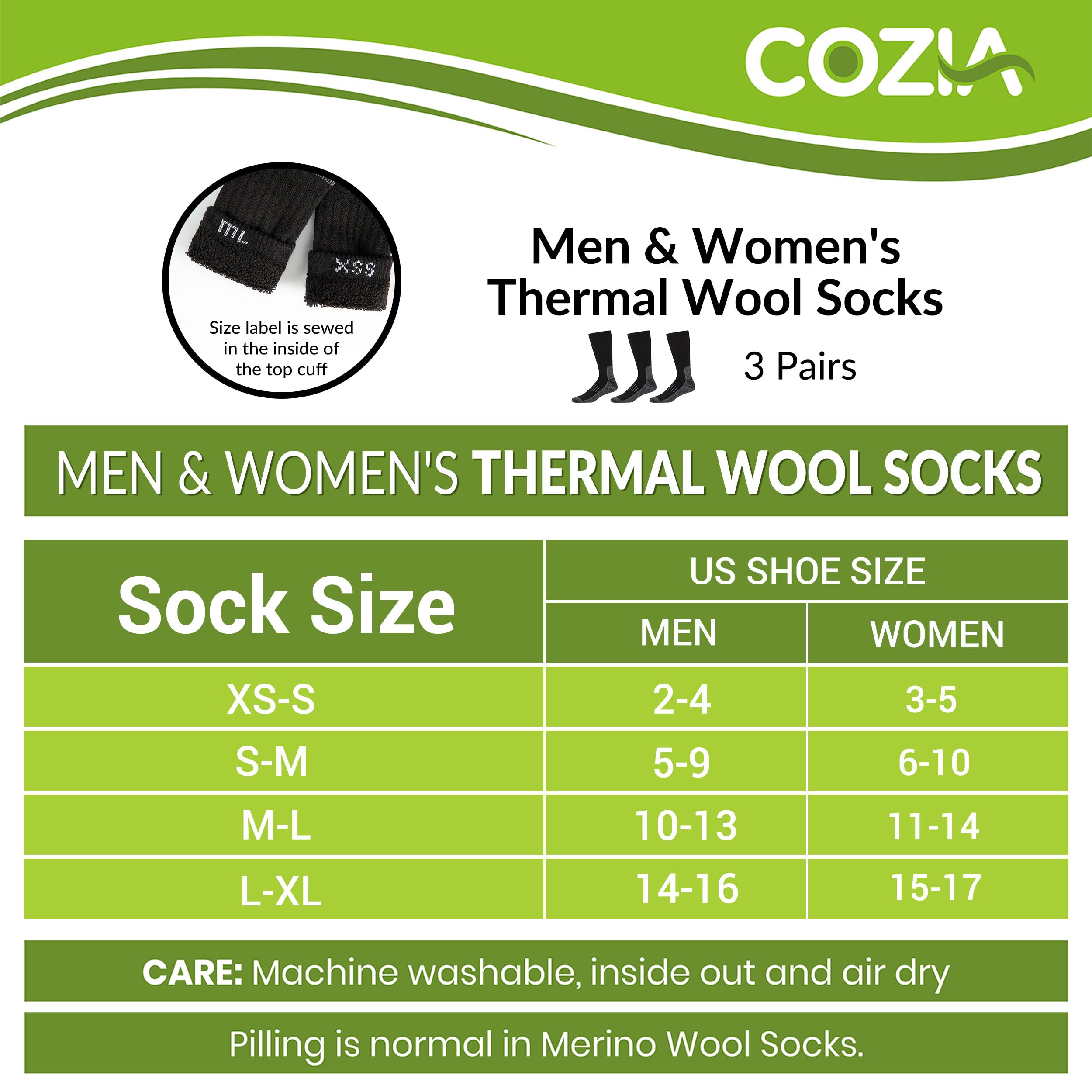 COZIA Merino Wool Socks for Men & Women - Thermal Hiking Boot Socks (3 Pairs) - Warm Winter Socks for Outdoor Activities, Camping & Cold Weather