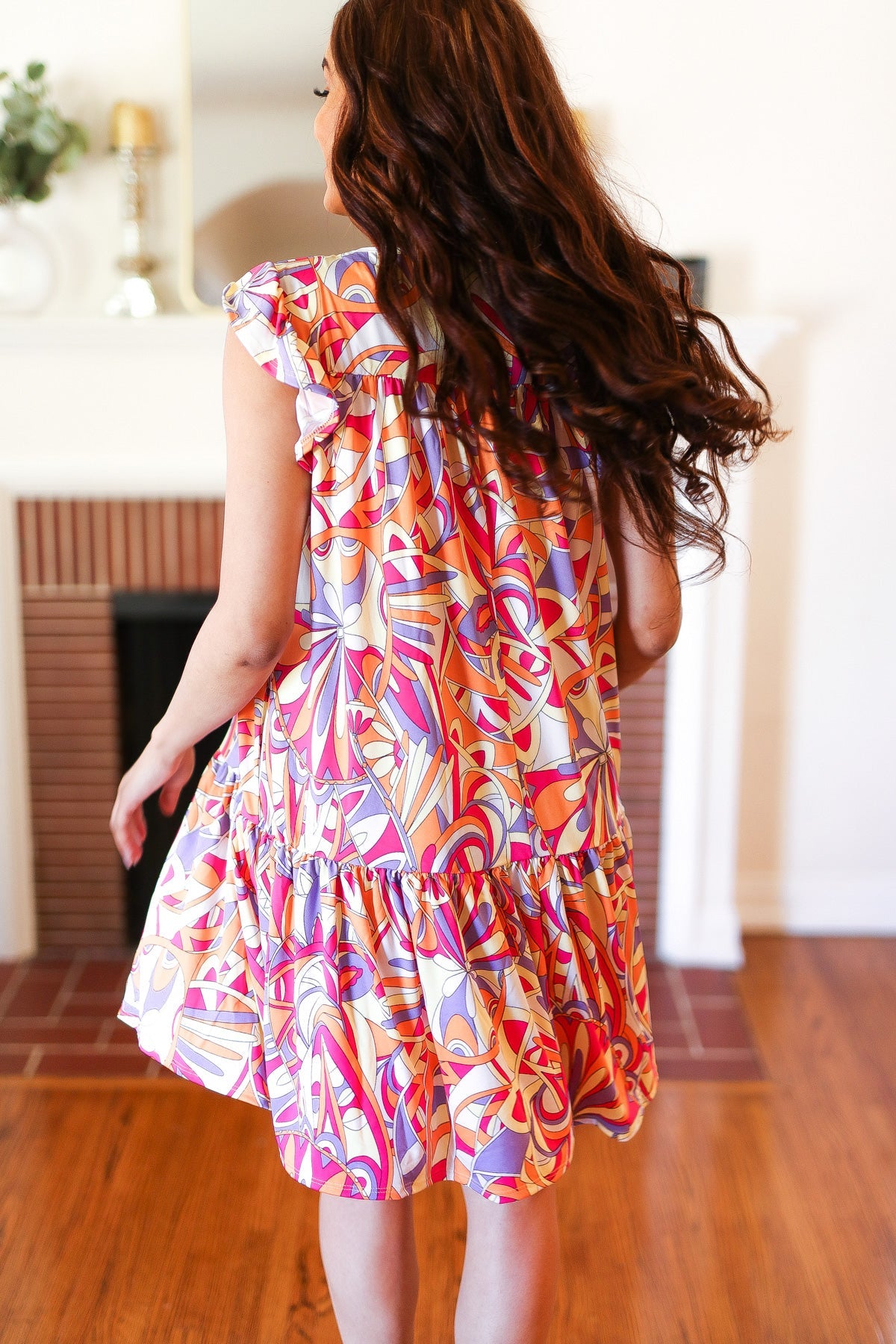 Multicolor Geometric Print Midi Dress with Flutter Sleeves - Women's Casual Summer Flowy Dress for Beach, Party & Vacation Outfits
