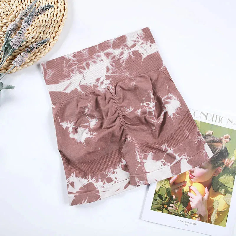 CHRLEISURE Women's Tie Dye Yoga Shorts - High Waist Seamless Workout Leggings for Yoga, Running, Cycling & Gym - Butt Lifting Athletic Shorts with Elastic Waistband - Perfect for Fitness, Lounge & Summer Activities