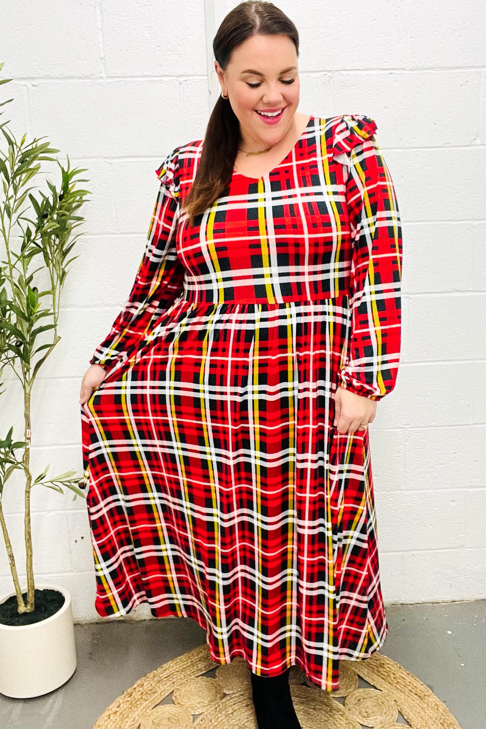 Stylish Red Plaid Fit & Flare Midi Dress with Ruffle Details - Perfect for Holiday Parties, Date Nights & Office Wear