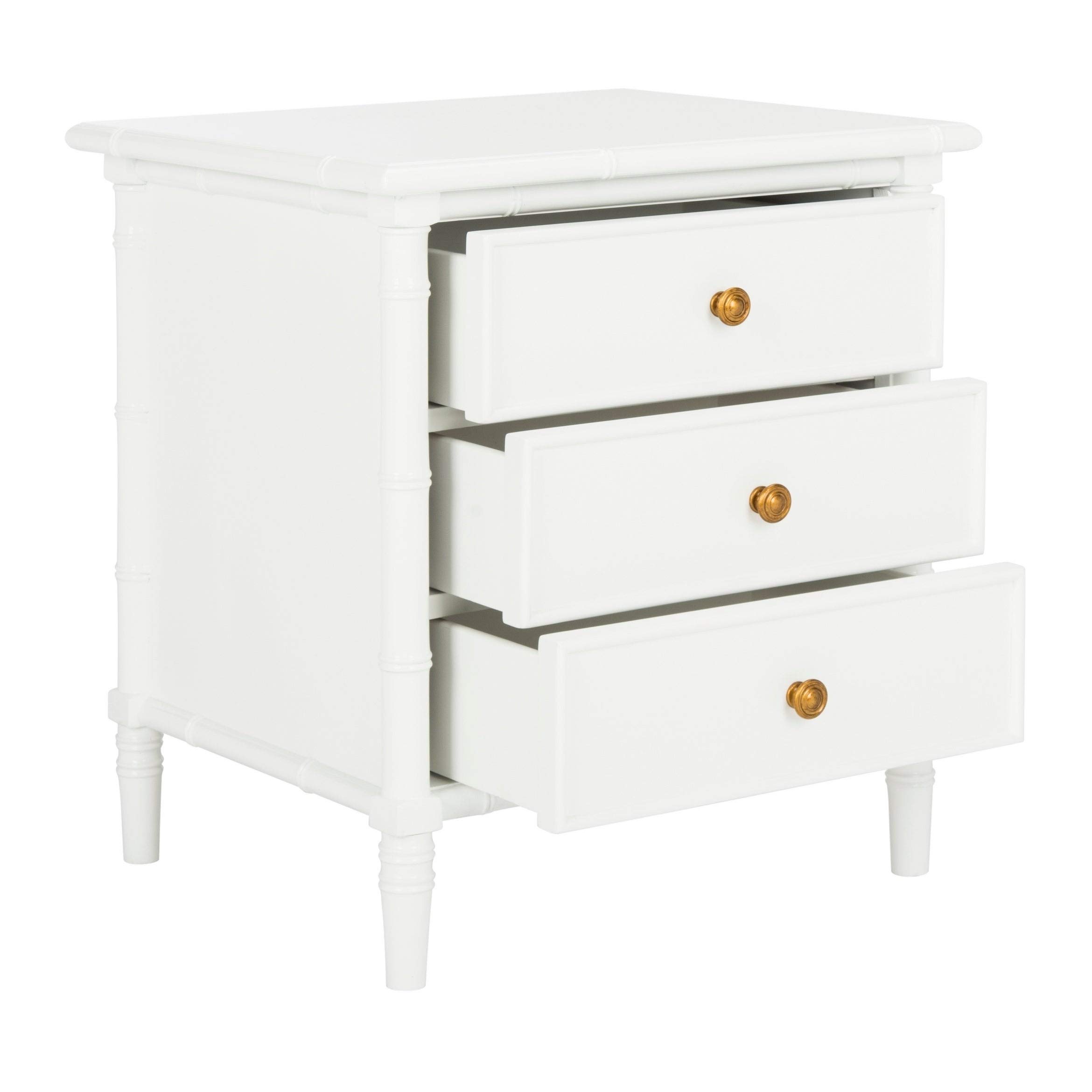 Modern Coastal 3-Drawer White Bamboo Nightstand - Contemporary Nautical Wood Bedside Table for Beach House, Guest Room & Bedroom Decor