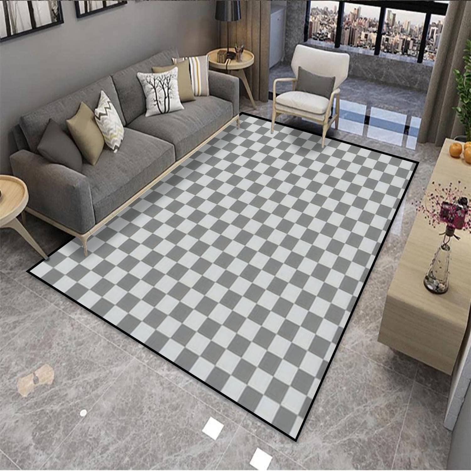 Non-Slip Checkerboard Area Rug - Grey & Light Grey Soft Carpet for Living Room, Bedroom, Yoga | Indoor Outdoor Floor Mat & Runner for Home Decor