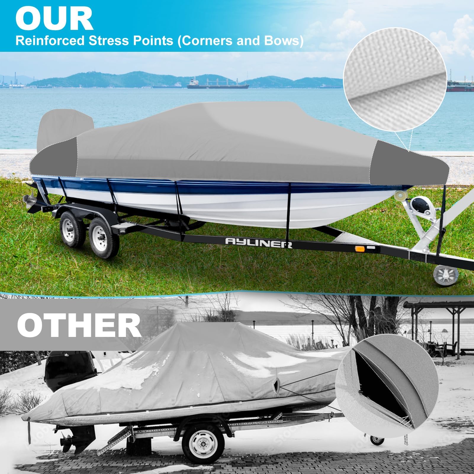 16-18ft Heavy Duty Waterproof Boat Cover with Outboard Motor Protection - 900D Marine Grade Canvas for V-Hull, Tri-Hull & Runabout Boats (16-18 Feet) - Silver Black - Ideal for Trailering, Storage & Outdoor Protection