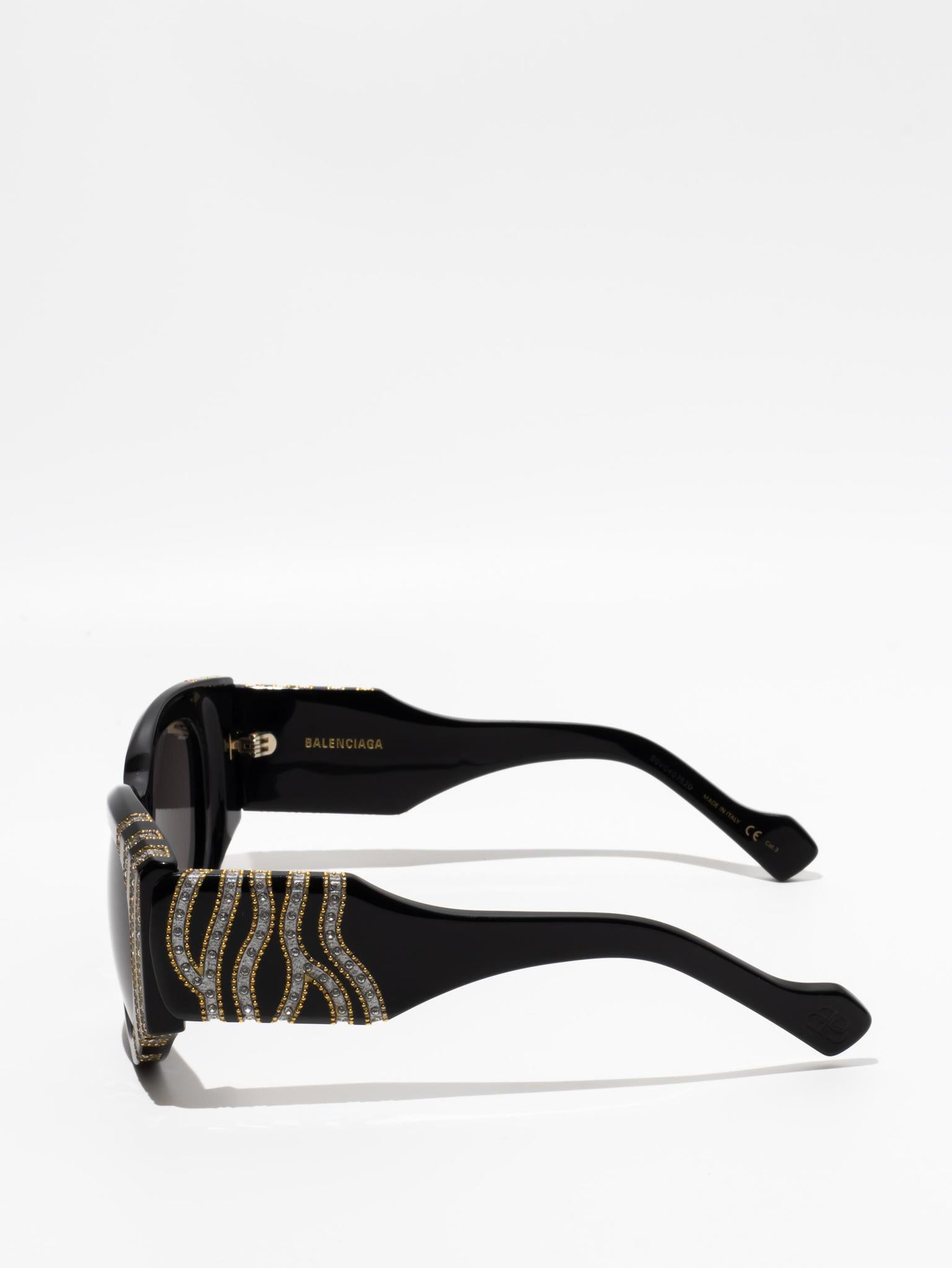 BALENCIAGA Paris Cat Sunglasses - Black Strass BB0070S 005 | Luxury Designer Shades for Women | Perfect for Beach, Travel & Fashion Outfits