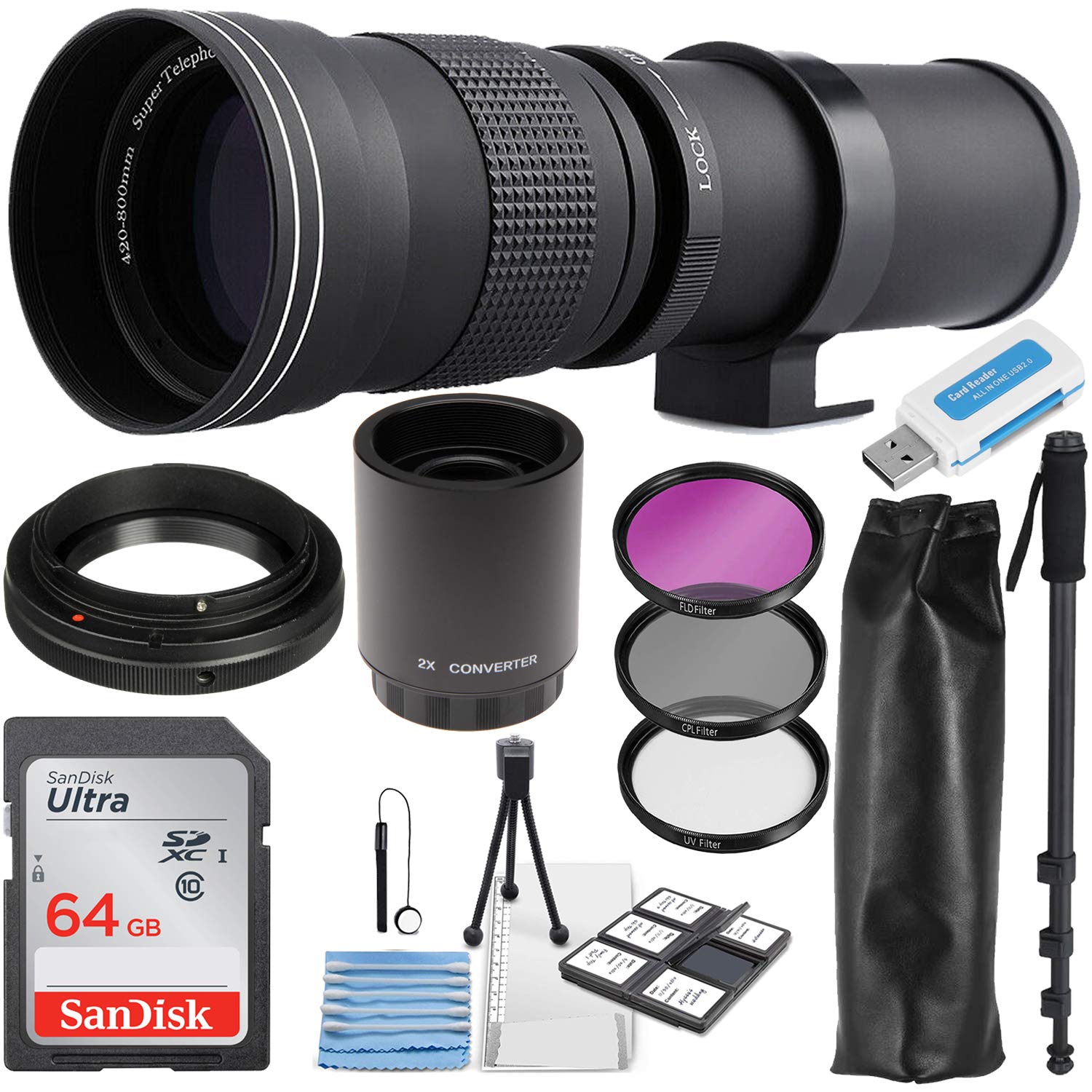 420-800mm f/8 Manual Telephoto Zoom Lens for Sony E-Mount Cameras with 2X Teleconverter (1600mm) - Wildlife, Sports & Nature Photography Accessory Kit