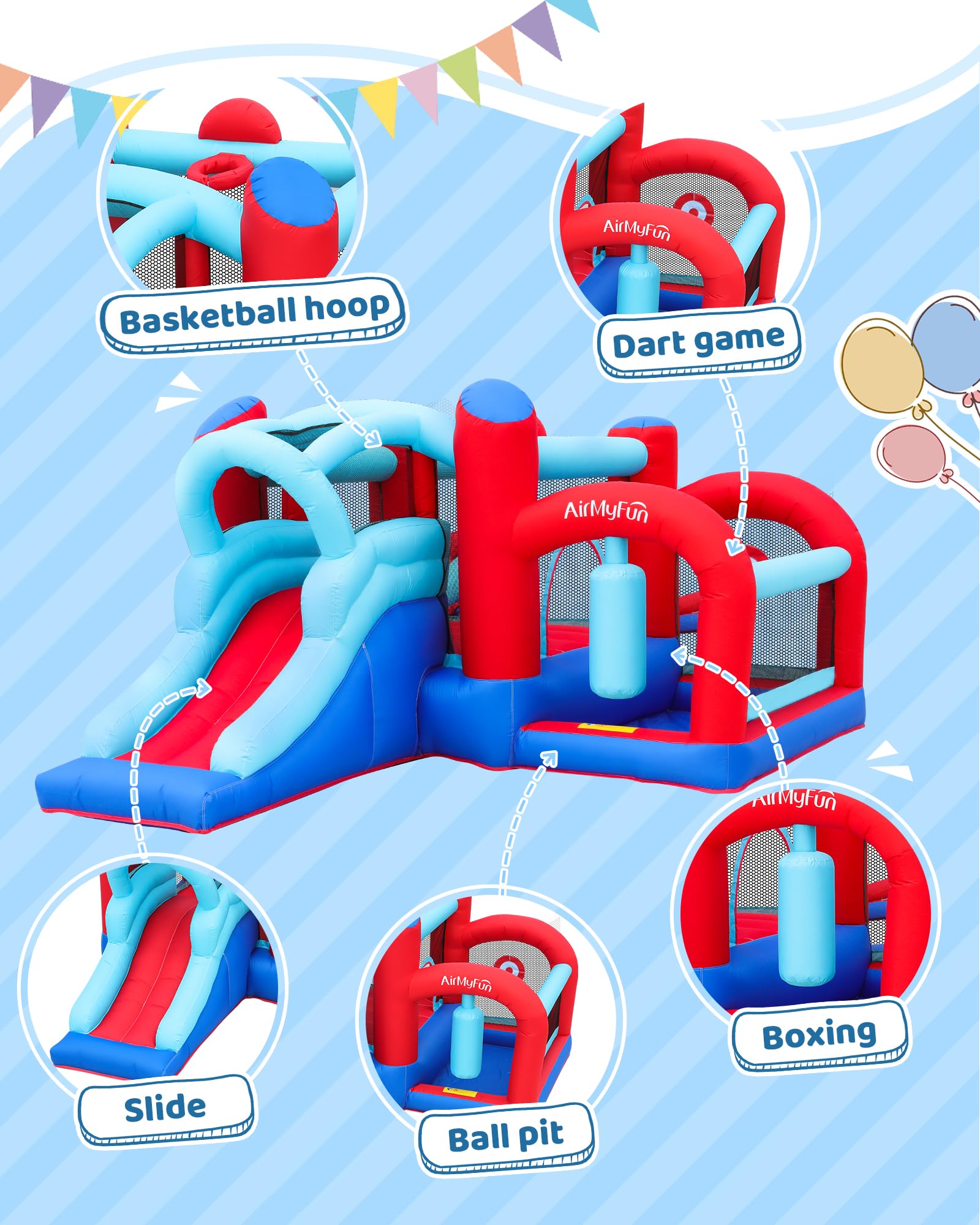 AirMyFun Inflatable Bounce House with Slide & Ball Pit - Indoor/Outdoor Kids Bouncer Castle for Birthday Parties, Backyard Fun, and Family Gatherings - Includes Basketball Hoop, Target Balls & Boxing Gloves