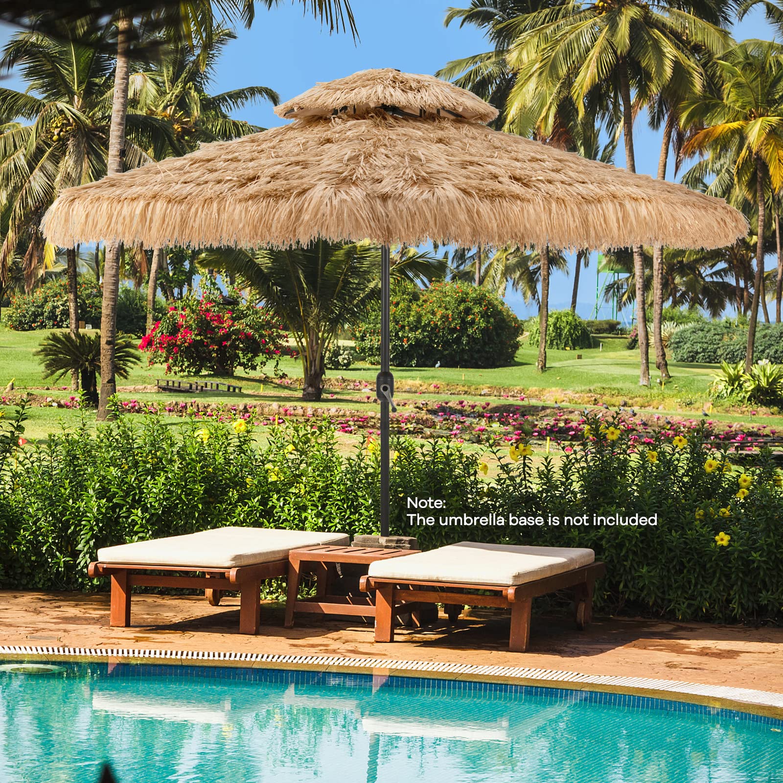 Tangkula 10ft Hawaiian-Style Thatched Patio Umbrella with 32 LED Lights & Solar Center Light - 2-Tier Tiki Umbrella, 8 Ribs, Tilt Adjustment, Manual Crank for Backyard, Poolside, Deck, Beach & Outdoor Parties