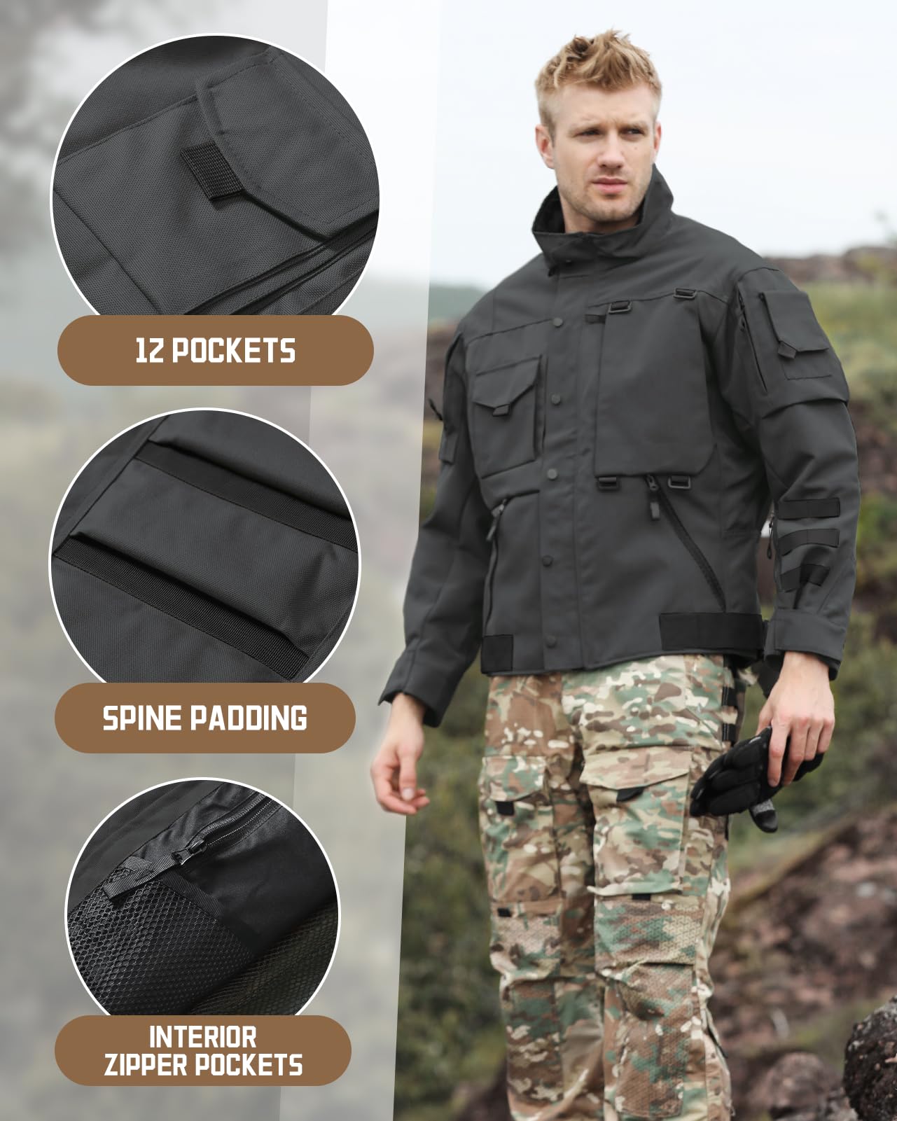 Men's Military Tactical Jacket - 1000D Cordura Hard Shell Water Resistant Army Coat for Hiking, Bushcraft & Outdoor Adventures | Durable All-Weather Protection for Camping, Hunting & Survival Gear