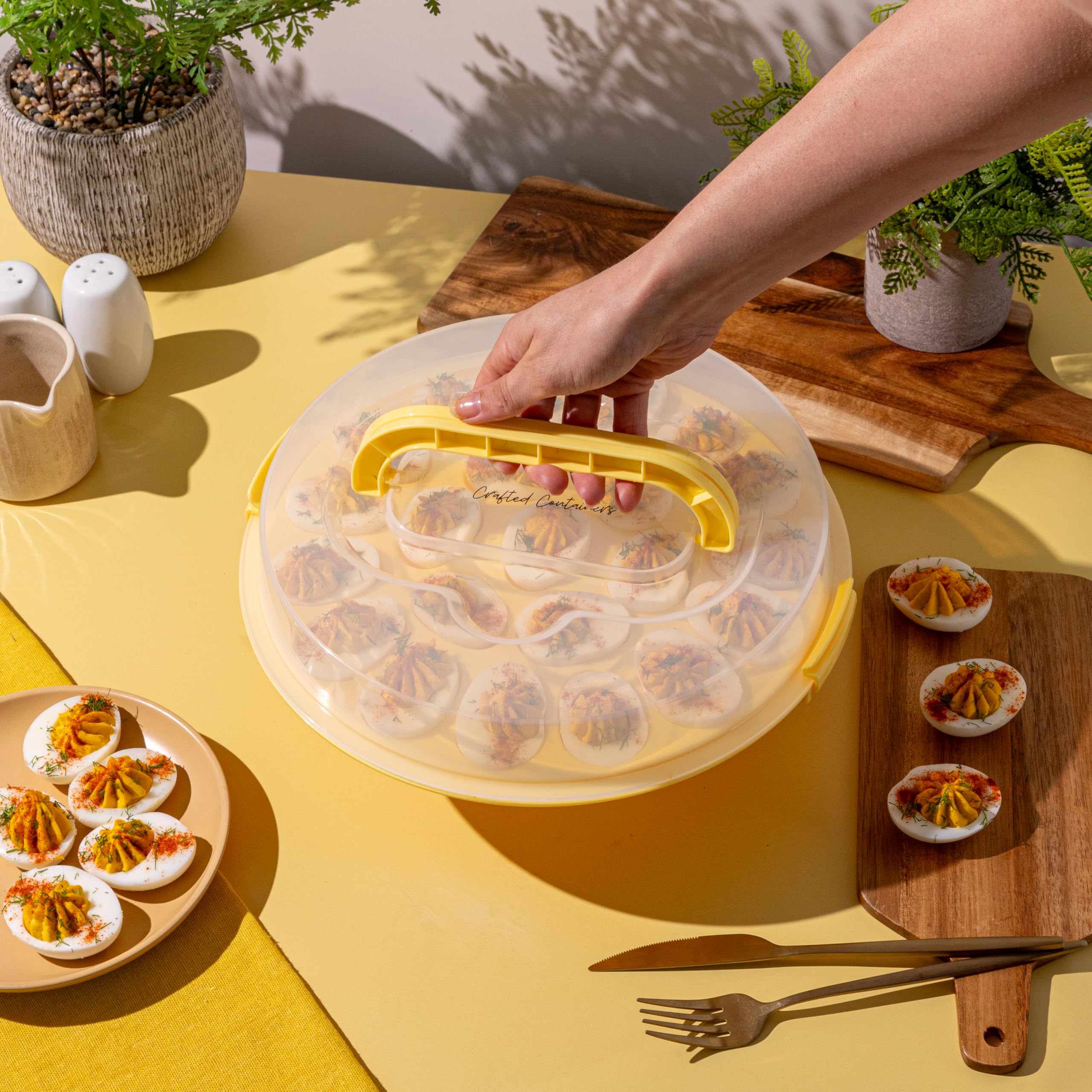 Premium Deviled Egg Carrier with Lid & Handles - Elegant 22-Egg Tray Platter for Holiday Parties, Picnics & Potlucks - Portable & Dishwasher Safe Deviled Egg Container - Perfect for Easter, Thanksgiving & Family Gatherings - Yellow