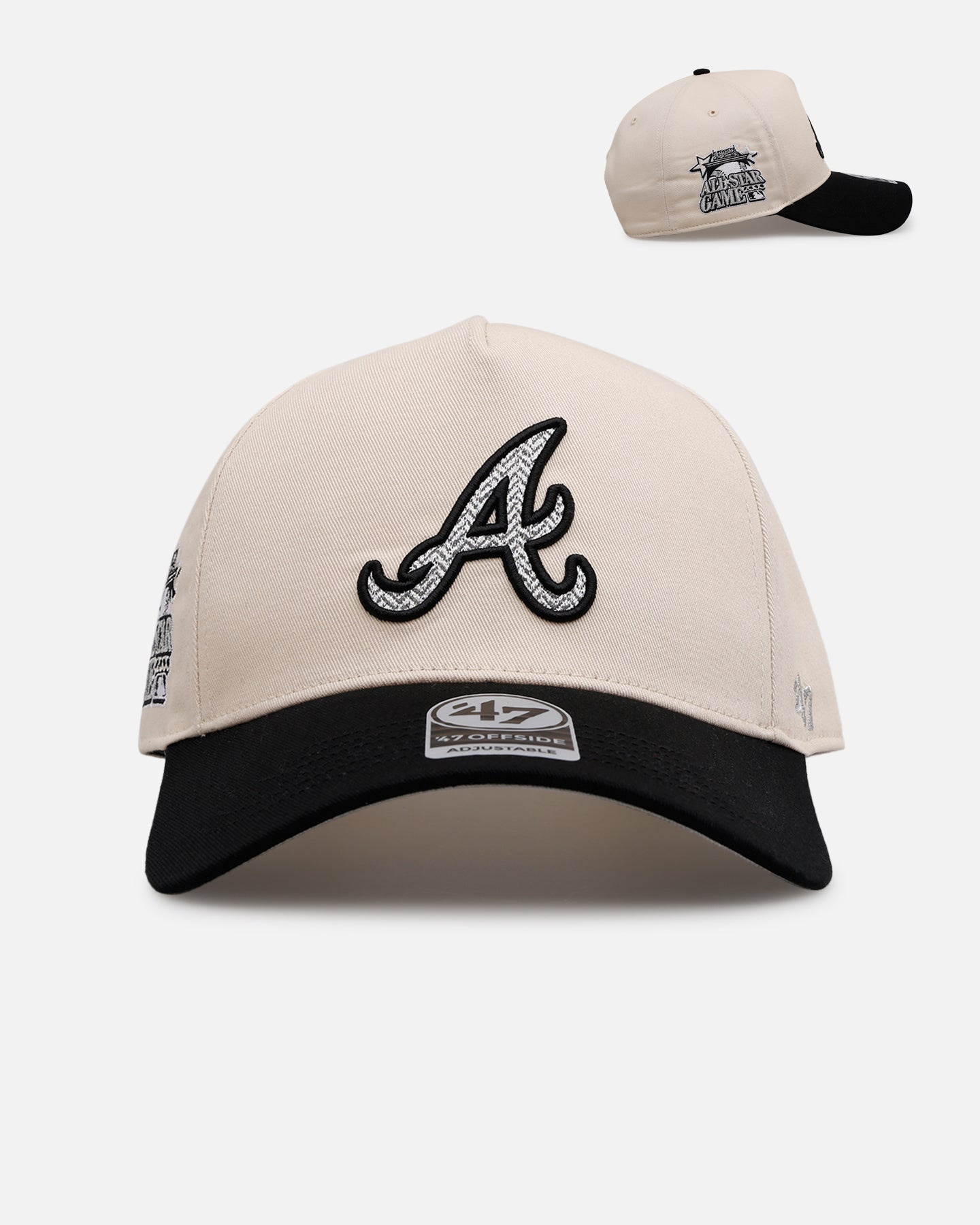 47 Brand Atlanta Braves 'Herringbone' 47 Offside Snapback Hat - Adjustable Natural/Black Baseball Cap for Men & Women - Perfect for Sports Fans, Casual Wear & Outdoor Activities