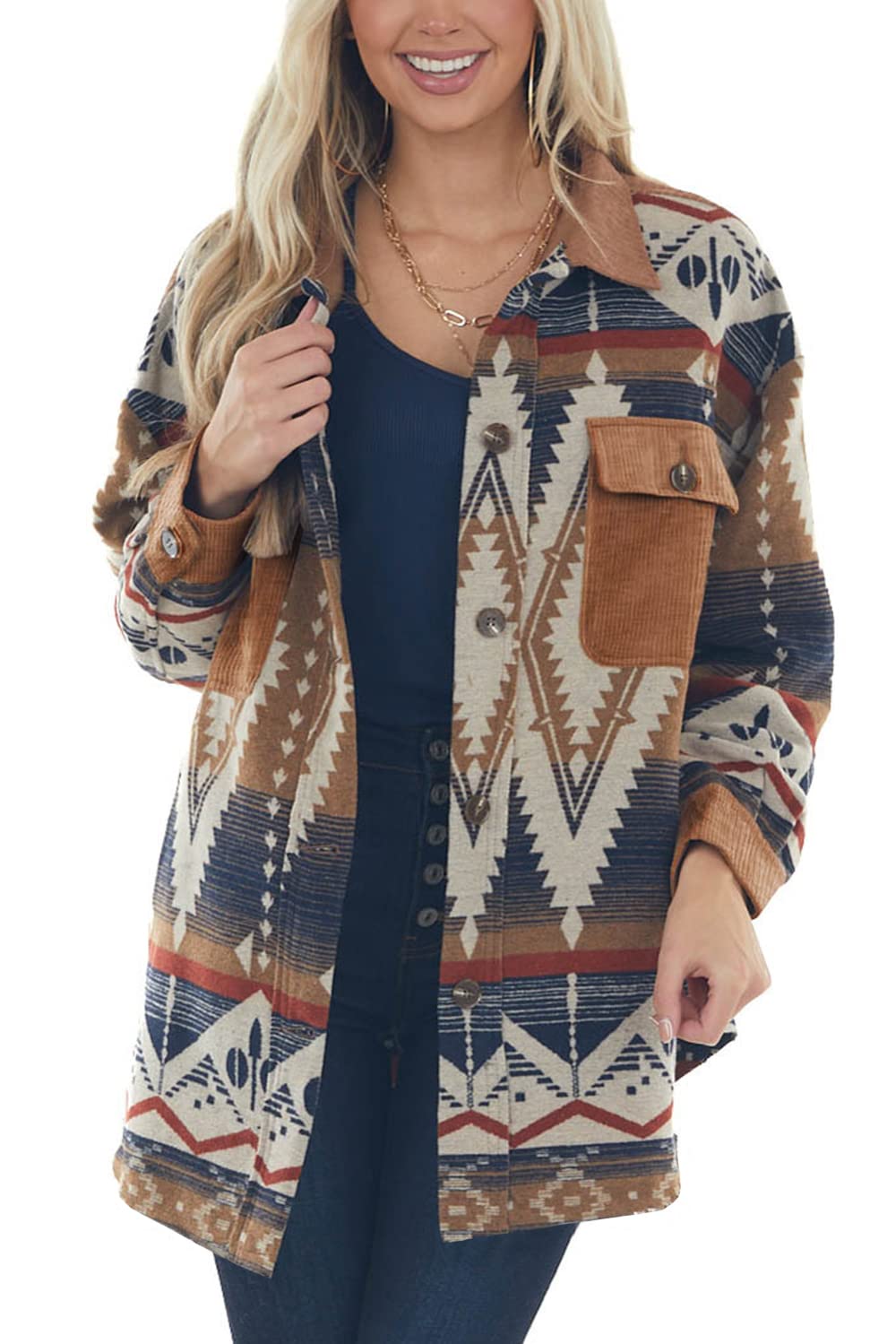 Heltapy Women's Aztec Shacket Jacket - Loose Fit Vintage Boho Wool Blend Coat with Button Down Design - Perfect for Casual Outfits, Fall Layering & Outdoor Adventures