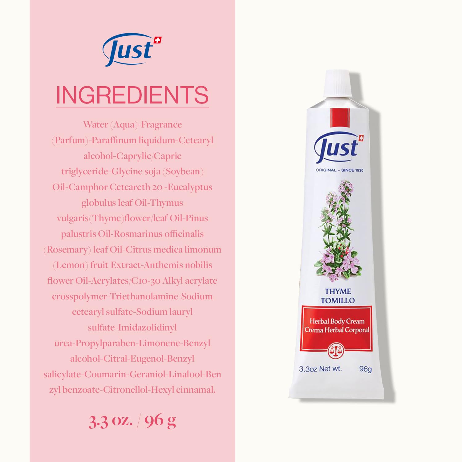 SwissJust Thyme Cream 96g - Natural Massage Cream with Thyme, Camphor Oil, Lemon Eucalyptus, Chamomile, Rosemary, Soybean & Pine Essential Oils | Soothes Muscles & Relaxation for Spa, Aromatherapy & Home Use