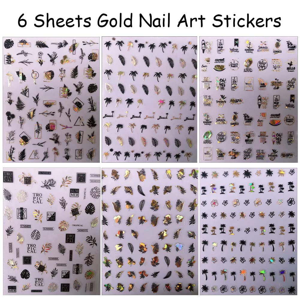 6 Sheets Gold Nail Stickers - 3D Self-Adhesive Flower & Tropical Nail Art Designs for Women - DIY Nail Decoration Supplies for Acrylic Nails - Perfect for Summer Vacations, Beach Parties & Bridal Manicures
