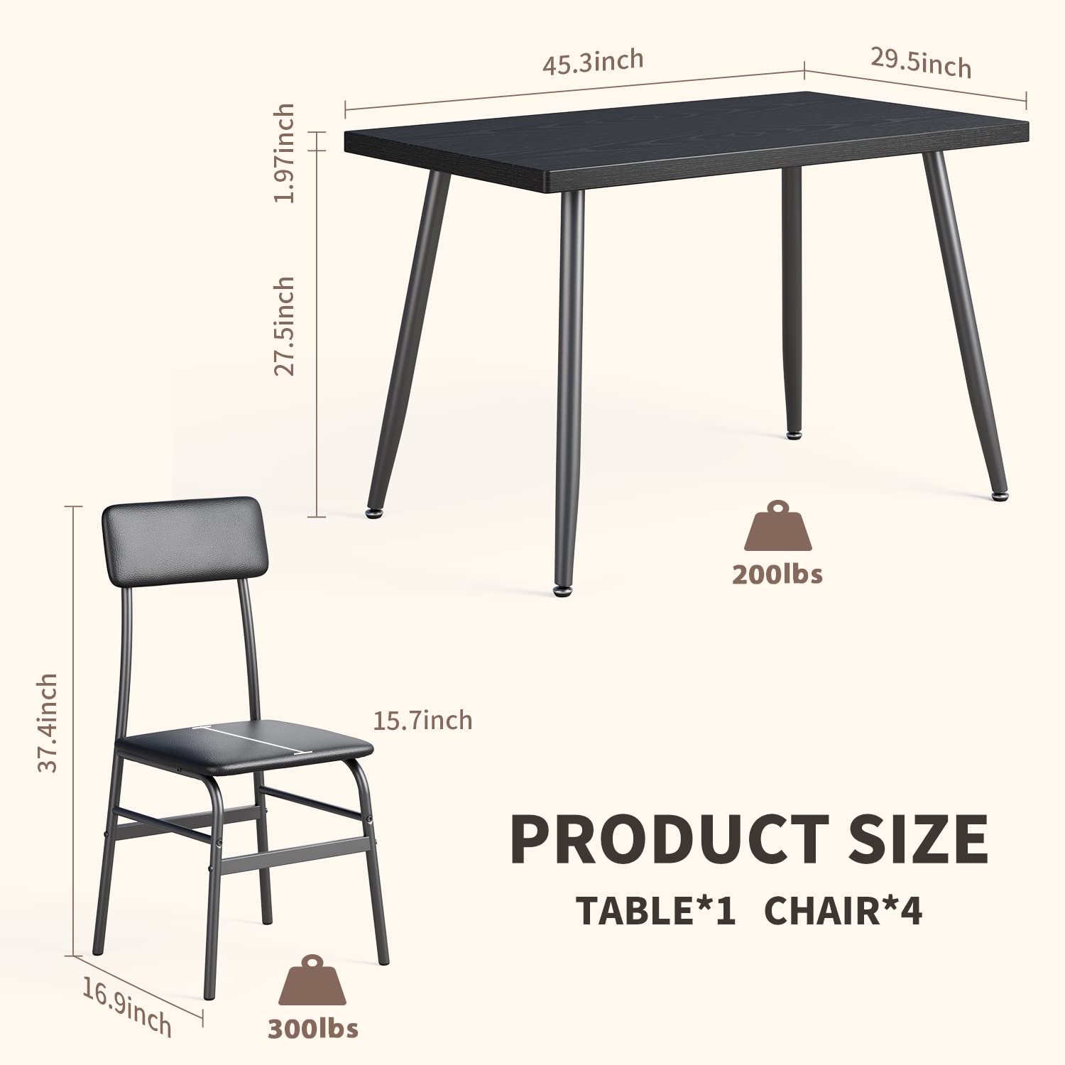 Gizoon 5-Piece Modern Dining Table Set for 4 - Metal & Wood Kitchen Table with 4 Chairs, Space-Saving Apartment Furniture for Small Spaces in Black | Perfect for Breakfast Nooks, Compact Kitchens & Cozy Dining Areas