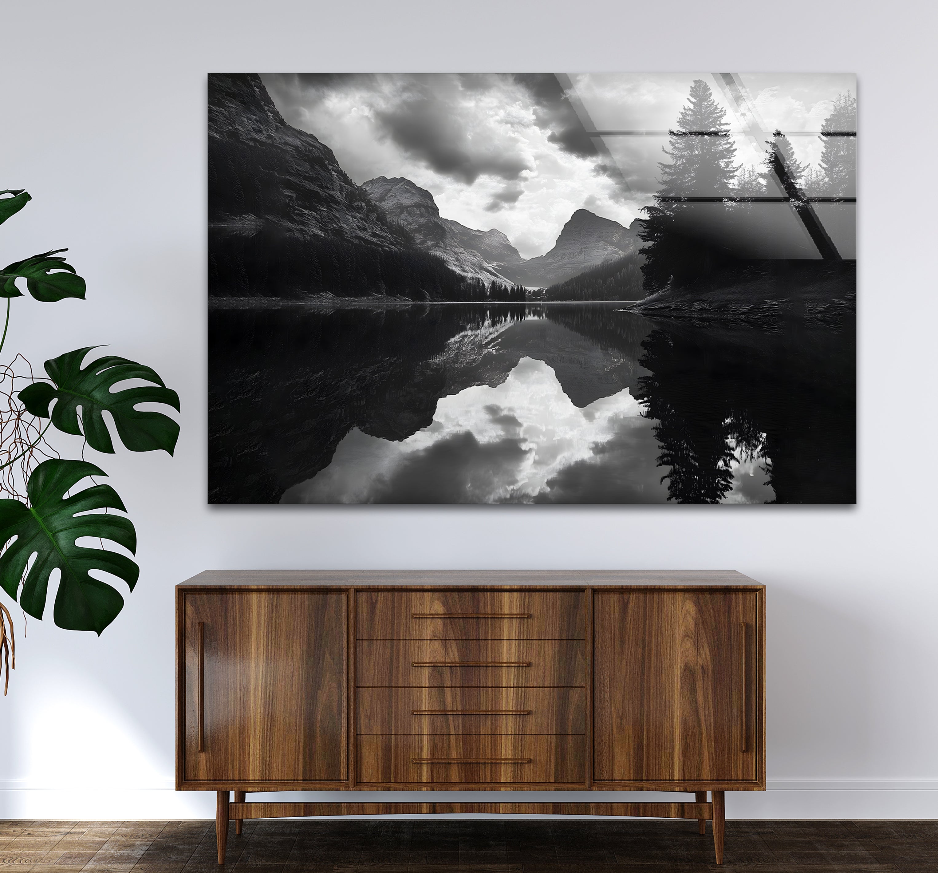 Black and White Lake Landscape Glass Wall Art - Modern Home Decor for Living Room, Bedroom, Office - Perfect for Nature Lovers & Minimalist Interior Design