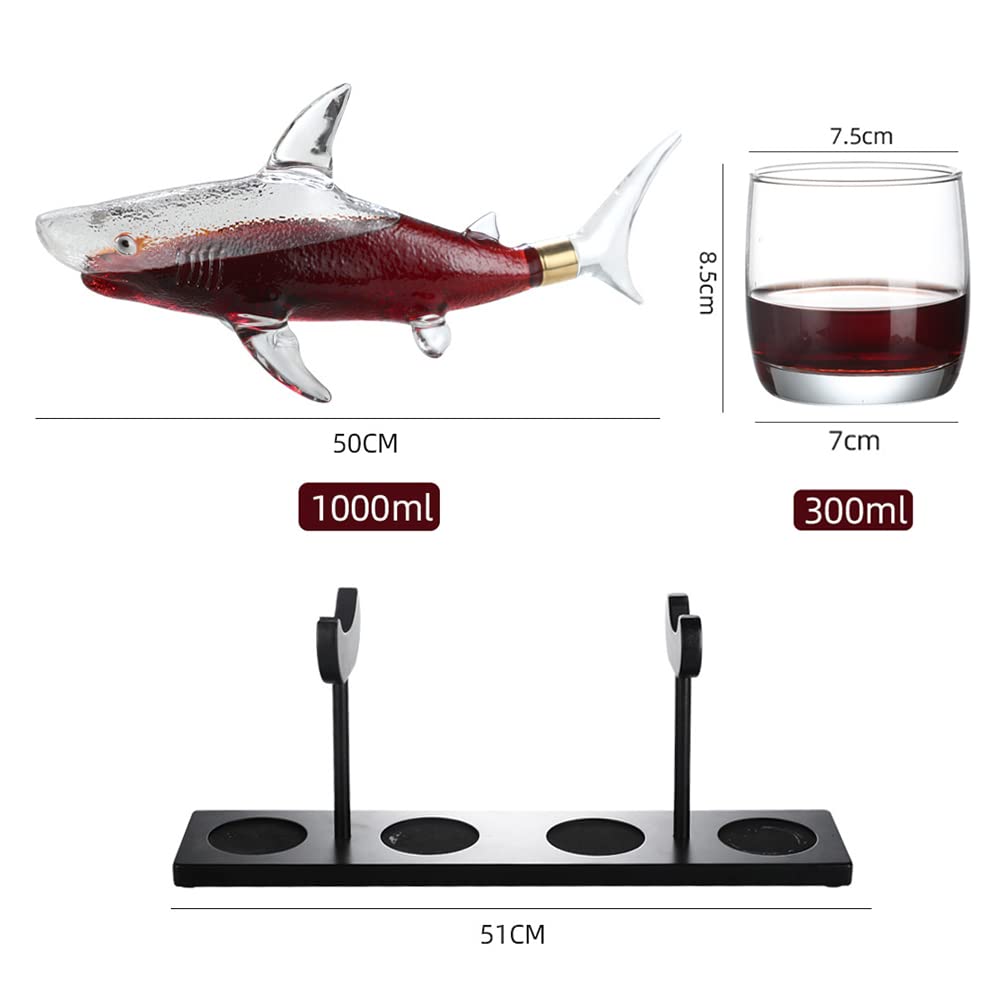 Premium Whiskey Decanter Set with 4 Glasses & Wood Stand - 1000ml Shark Design Glass Liquor Decanter for Whiskey, Scotch, Bourbon, Vodka - Elegant Home Bar Accessories & Perfect Gift for Wine Lovers - Ideal for Dinner Parties, Anniversary Celebrations & Man Cave Decor