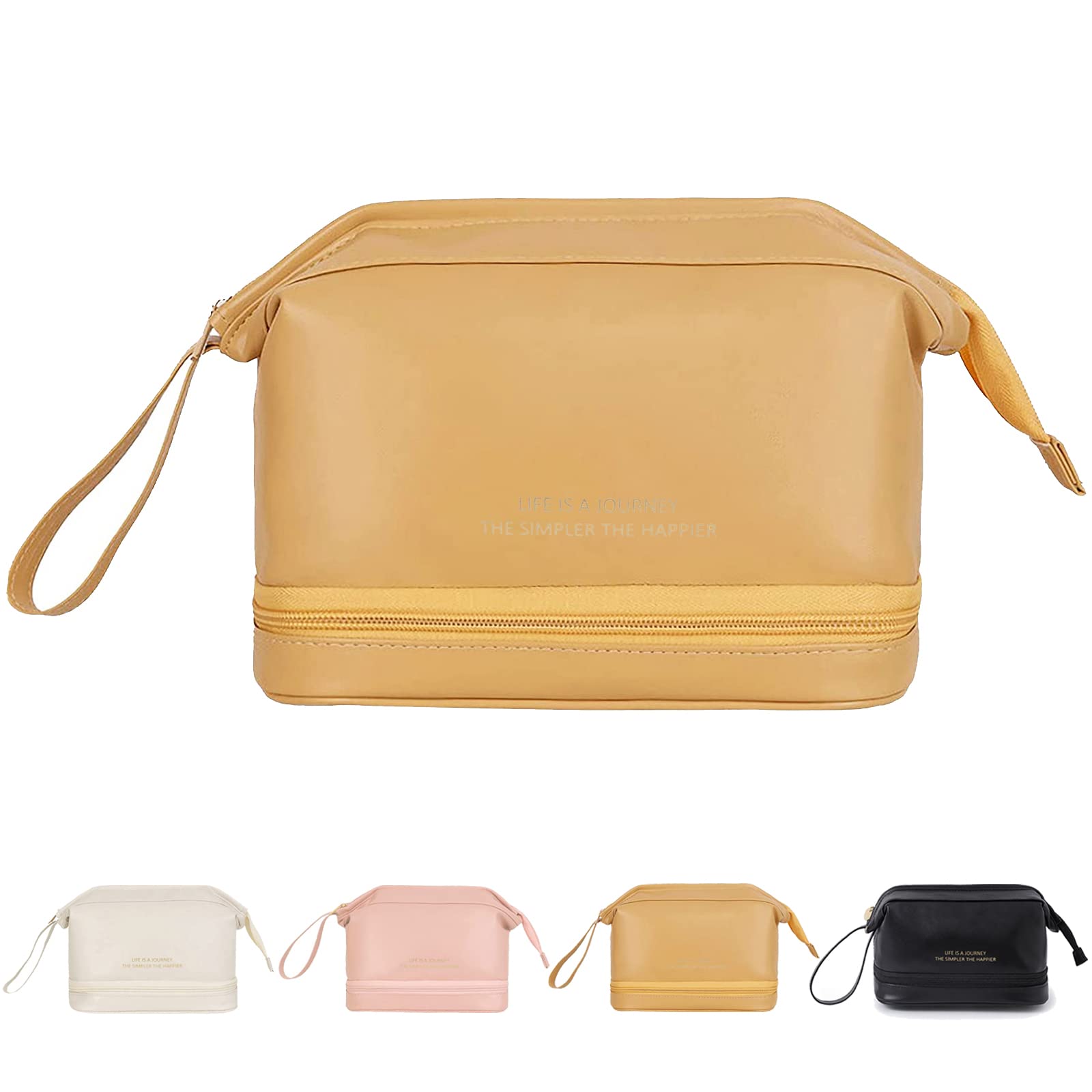 Premium Leather Cosmetic Travel Bag - Double Layer Large Makeup Organizer with Waterproof Design for Women & Girls | Perfect for Vacation, Gym, Business Trips & Daily Use (Yellow)