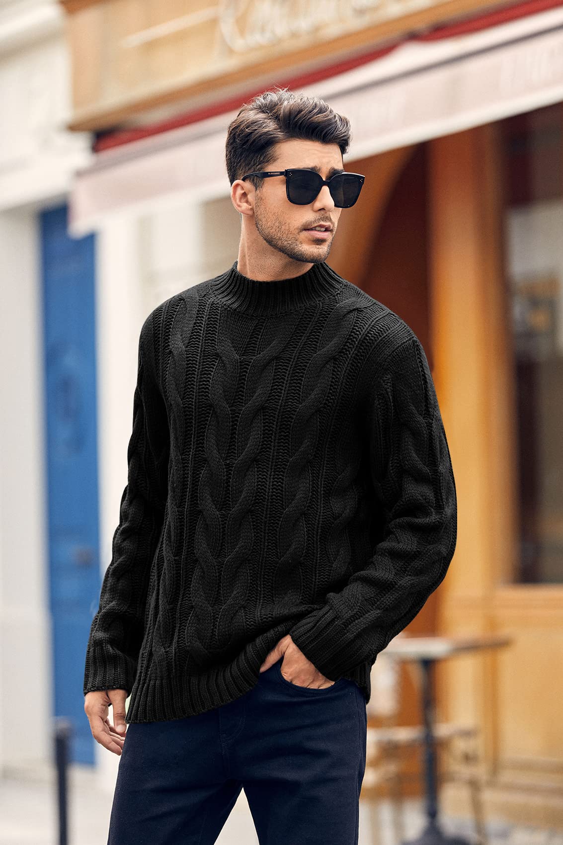 Men's Cable Knit Turtleneck Sweater - Loose Fit Long Sleeve Chunky Winter Pullover for Casual Wear & Cold Weather Outfits