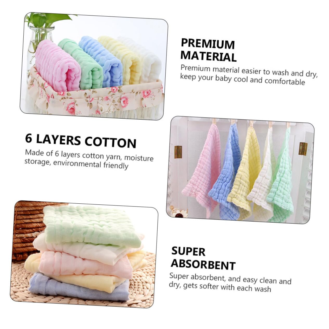 6-Layer Cotton Baby Towels Set - Ultra Soft Muslin Face Towels for Newborns & Infants | Gentle, Absorbent & Easy to Wash | Perfect for Bath Time, Feeding & Travel
