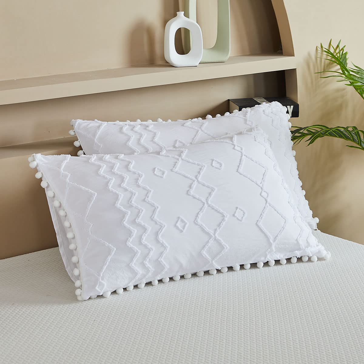 Boho Duvet Cover Queen Size - 3 Piece Cotton Farmhouse Bedding Set with White Pom Pom Trim | Reversible Soft Zipper Closure | Shabby Chic Home Decor for All Seasons | Perfect for Guest Rooms, Master Bedrooms & Cozy Boho Aesthetic