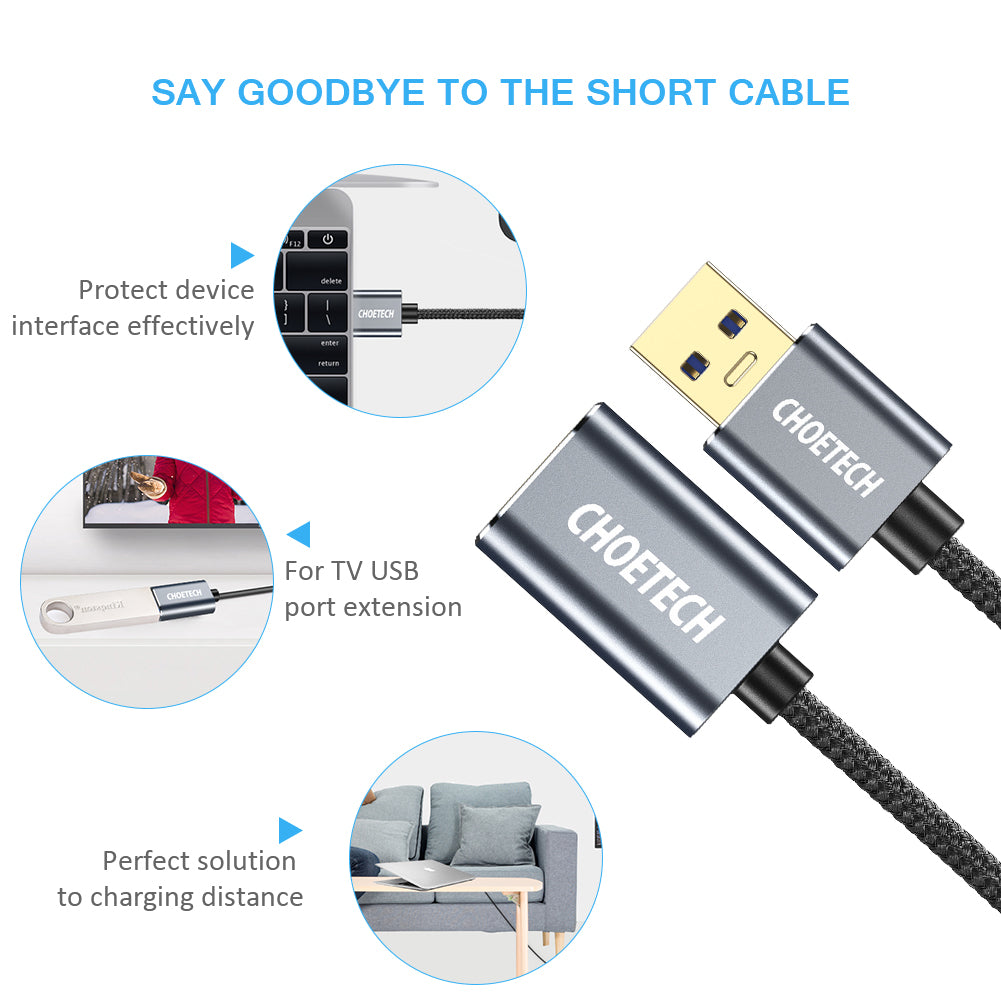 CHOETECH USB 3.0 Extension Cable (6.6ft/2m) - A Male to Female 5Gbps High-Speed Data Transfer Cord for Computers, Laptops & Peripherals - Perfect for Home Office, Gaming Setup & Workspace Connectivity
