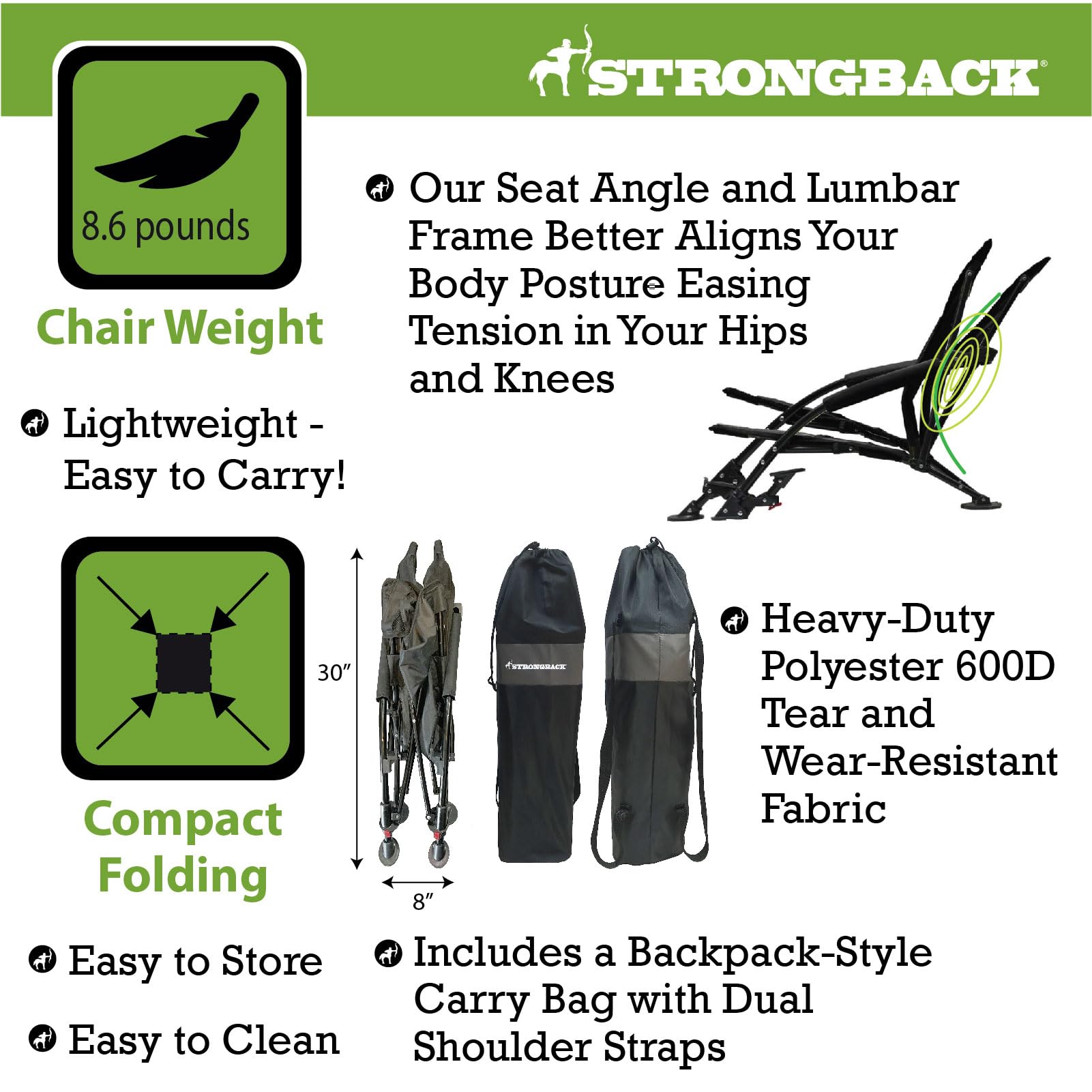 STRONGBACK Low Gravity Recliner Portable Beach Chair with Built-in Lumbar Support - Heavy Duty Folding Beach Chair for Travel, Camping, Backyard & Poolside Relaxation