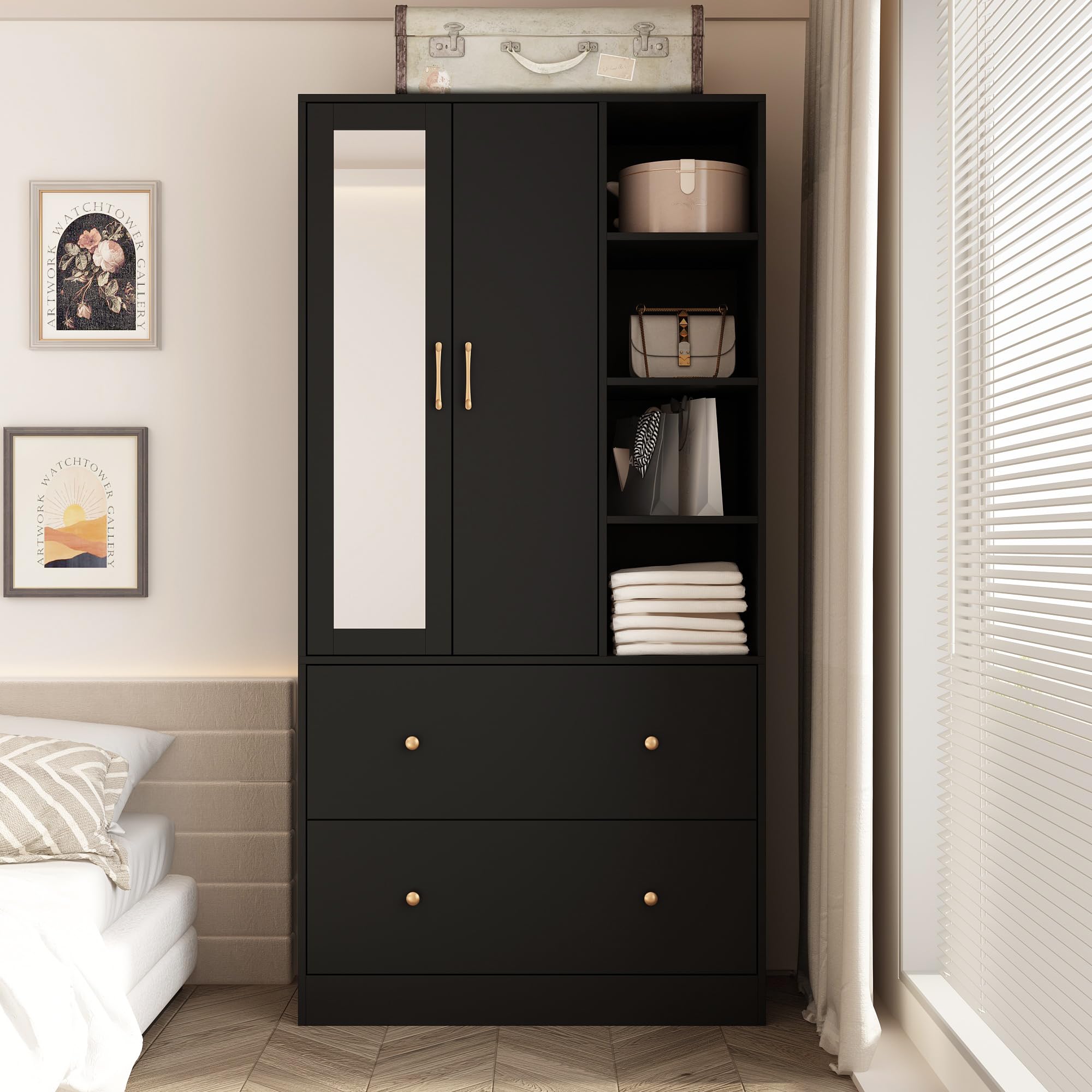 Homsee Wooden Wardrobe Armoire with Mirror - 2 Doors, 2 Drawers & 4 Open Storage Cubes - Freestanding Closet with Hanging Rod for Bedroom Organization - Black (35.5”L x 15.8”W x 70.8”H) - Perfect for Small Spaces, Apartments and Dorm Rooms