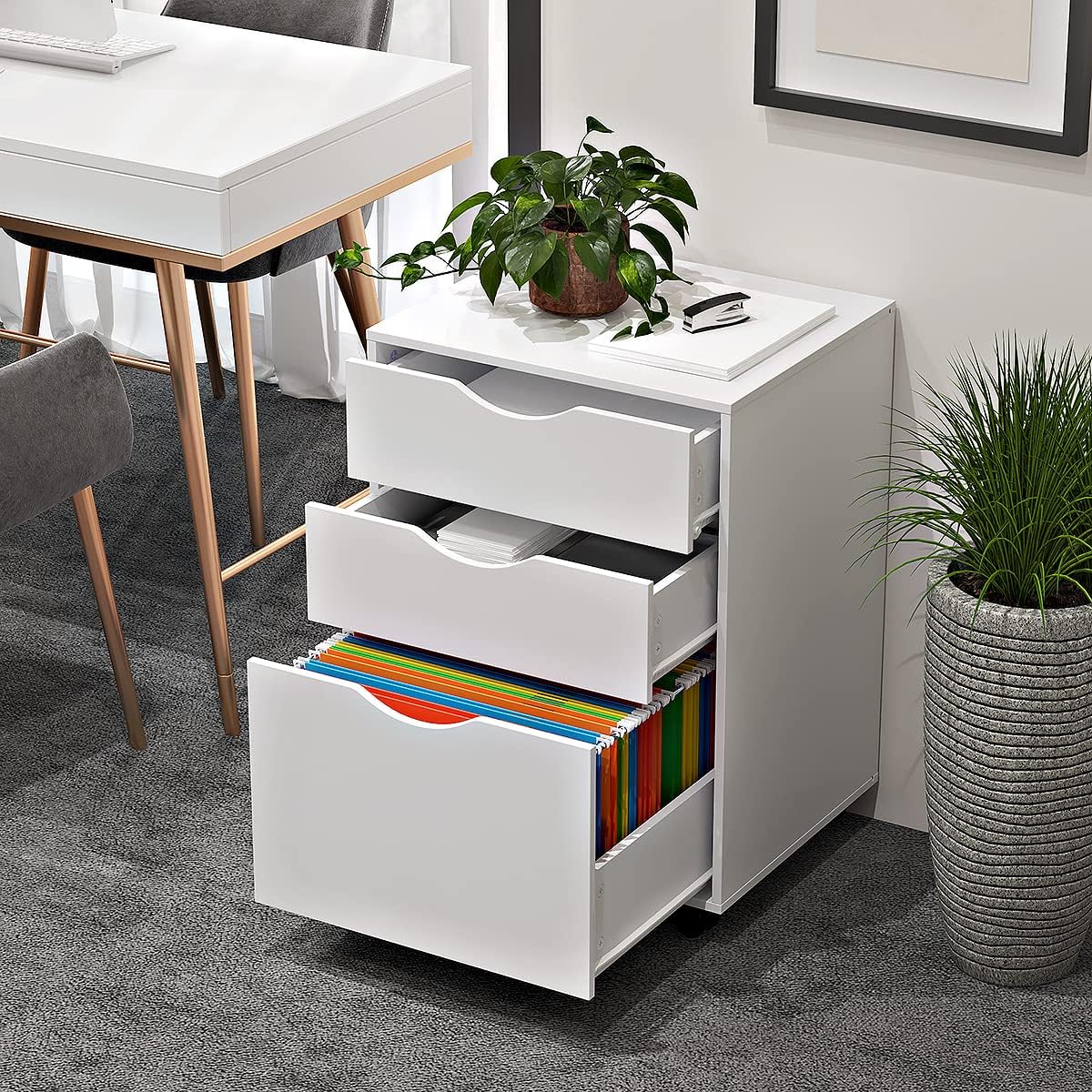 3-Drawer Wooden Storage Cabinet with Lockable Casters - Mobile File Organizer for Home Office, Mini Printer Stand - Compact White Office Furniture for Small Spaces & Workspaces