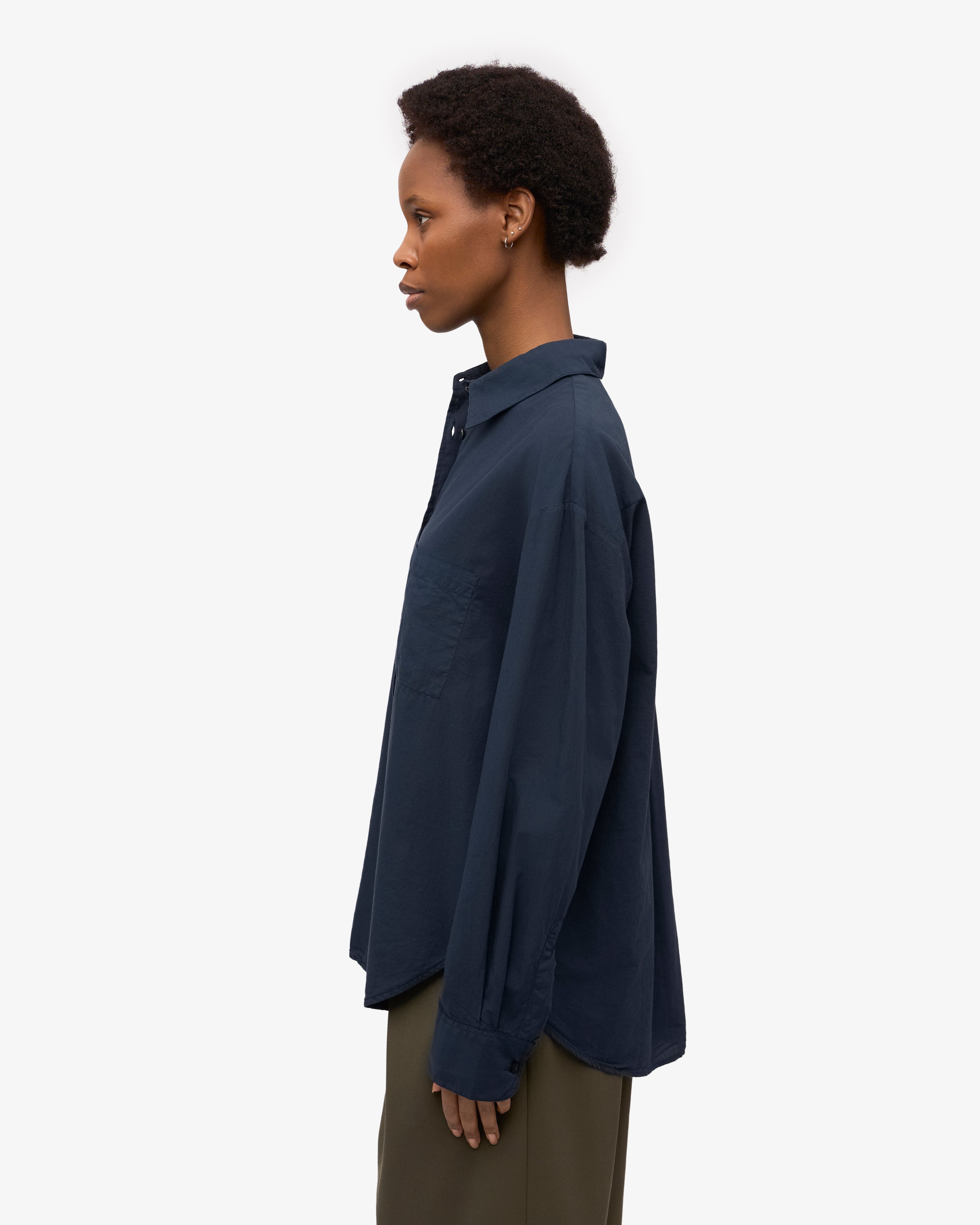 Organic Oversized Shirt for Women - 100% Cotton Loose Fit Long Sleeve Tunic Top - Navy Blue Casual Blouse for Work, Travel & Everyday Wear