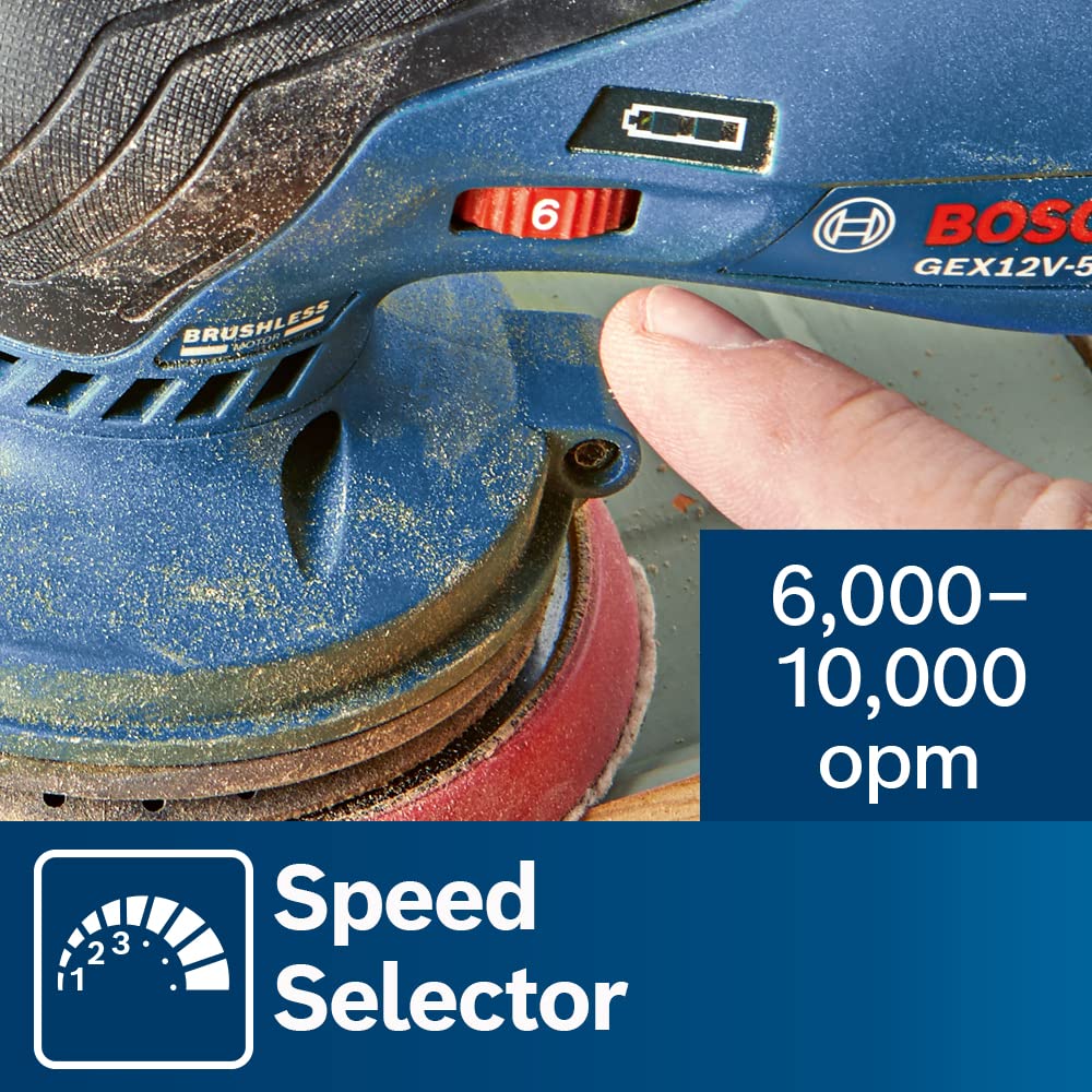 BOSCH GEX12V-5N 12V Max Brushless 5-Inch Random Orbit Sander - Ergonomic Palm Grip, Dust Collection System, Variable Speed Control, Soft-Start Technology (Bare Tool) - Perfect for Woodworking, Sanding Floors, Furniture Refinishing & DIY Projects