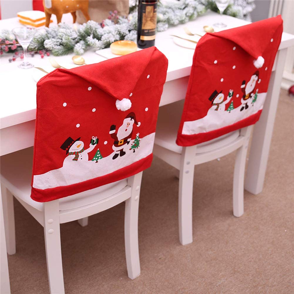 HOAPL 2-Pack Christmas Chair Covers - Snowman & Santa Hat Slipcovers for Dining Room Chairs | Festive Holiday Table Decor for Christmas Dinner Party Decorations