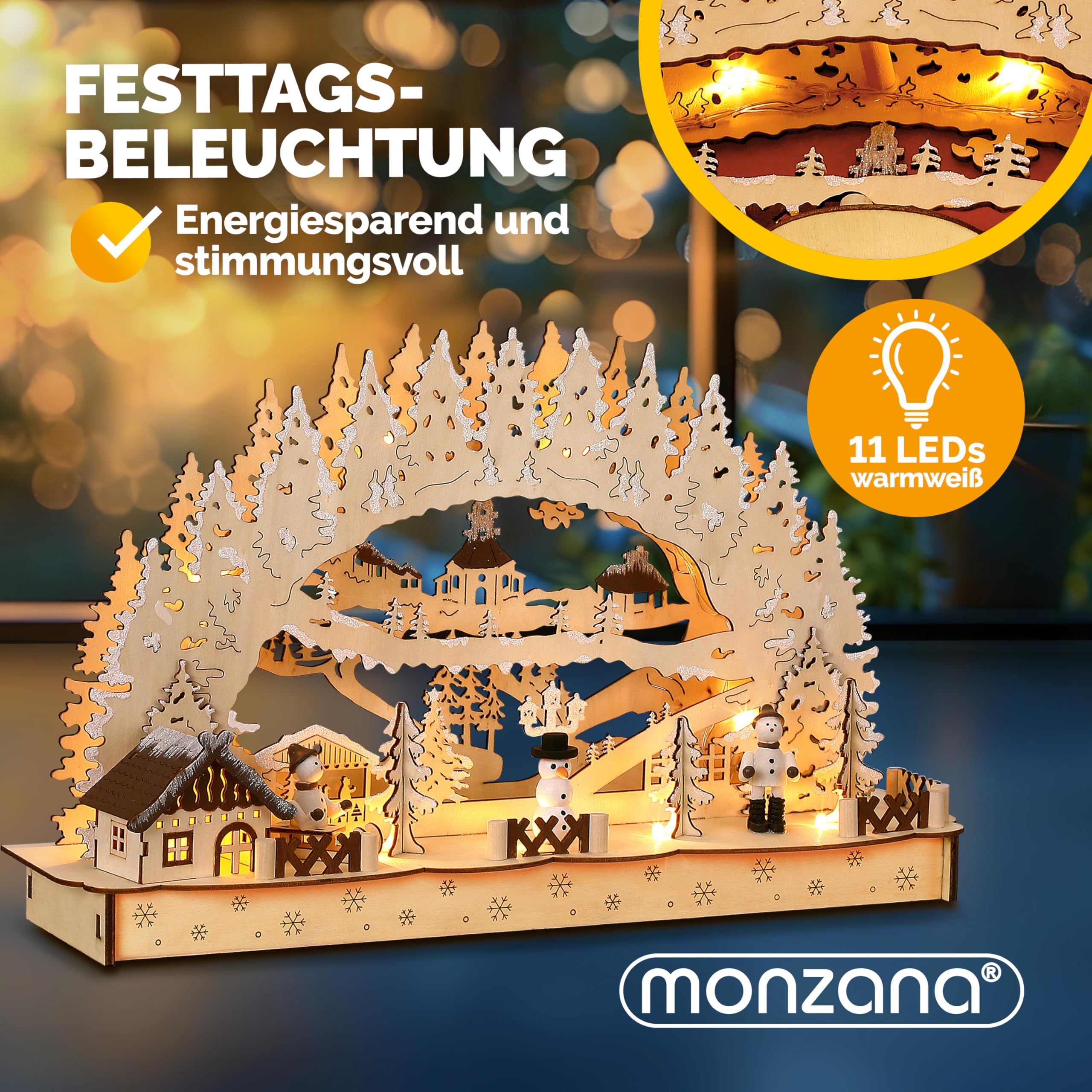 Monzana® XL LED Schwibbogen - Wooden Christmas Arch with Timer & Battery - Winter Village Holiday Decor for Home, Mantel, or Tabletop - Perfect for Christmas, Winter, and Holiday Lighting Decorations