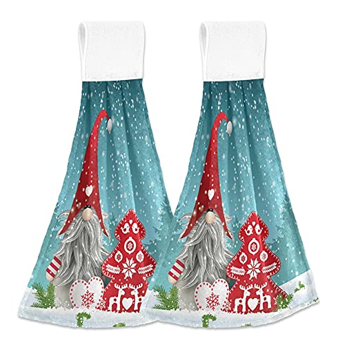 2 Pack Cute Winter Gnome Hanging Kitchen Towels - Soft Microfiber Coral Velvet Christmas Hand Towels with Loop for Bathroom, Oven & Kitchen - Absorbent Washcloth & Holiday Decor for Festive Home Decorating