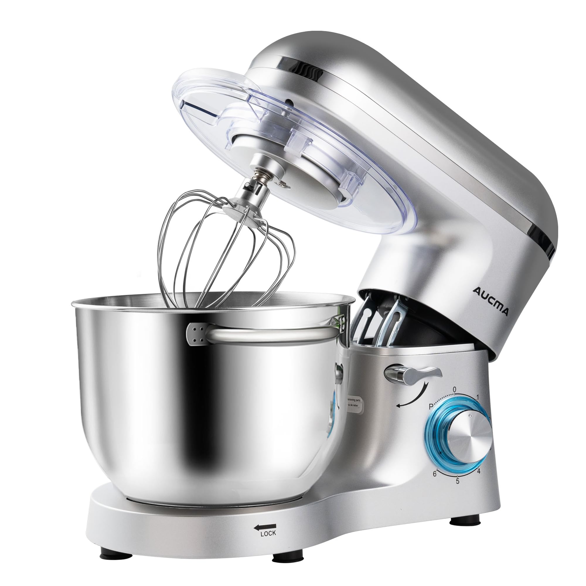 Aucma 6.5-QT 660W Stand Mixer - 6-Speed Tilt-Head Electric Kitchen Mixer with Dough Hook, Wire Whip & Beater (Silver) - Perfect for Baking Cakes, Cookies, Bread & More