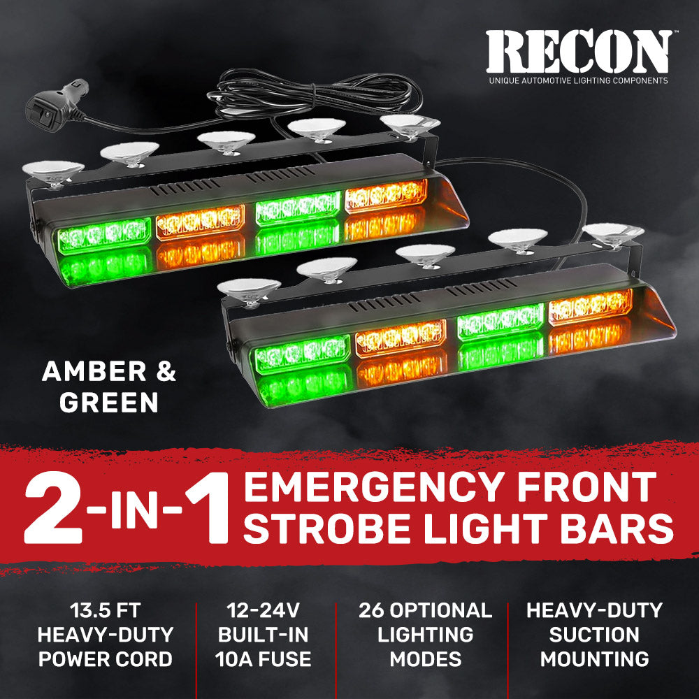 14 LED Strobe Light Bars for Car Interior Front Window - 2 PC Suction Cup Mount, Plug & Play with A/C Adapter - 26 Light Functions & Multiple Colors - Perfect for Emergency Vehicles, Parties, and Night Driving