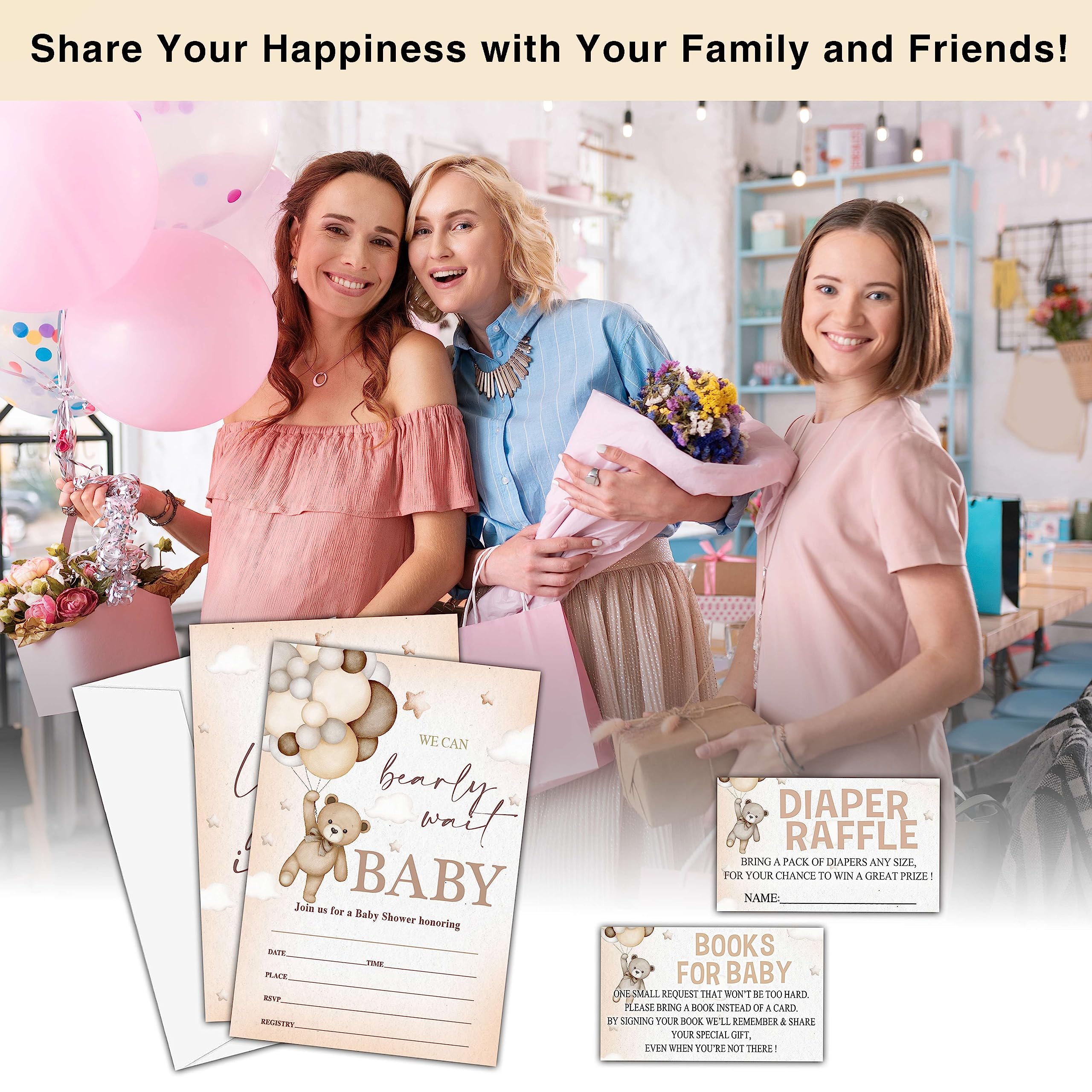 TIOFUNO Set of 25 Baby Shower Invitations - Adorable Balloon Bear Gender Reveal Party Invites with Envelopes, Book Request Cards & Diaper Raffle Tickets - Perfect for Baby Shower Decorations & Party Supplies (Style B12) | Ideal for Gender Reveal Parties, Baby Showers & Nursery Decor