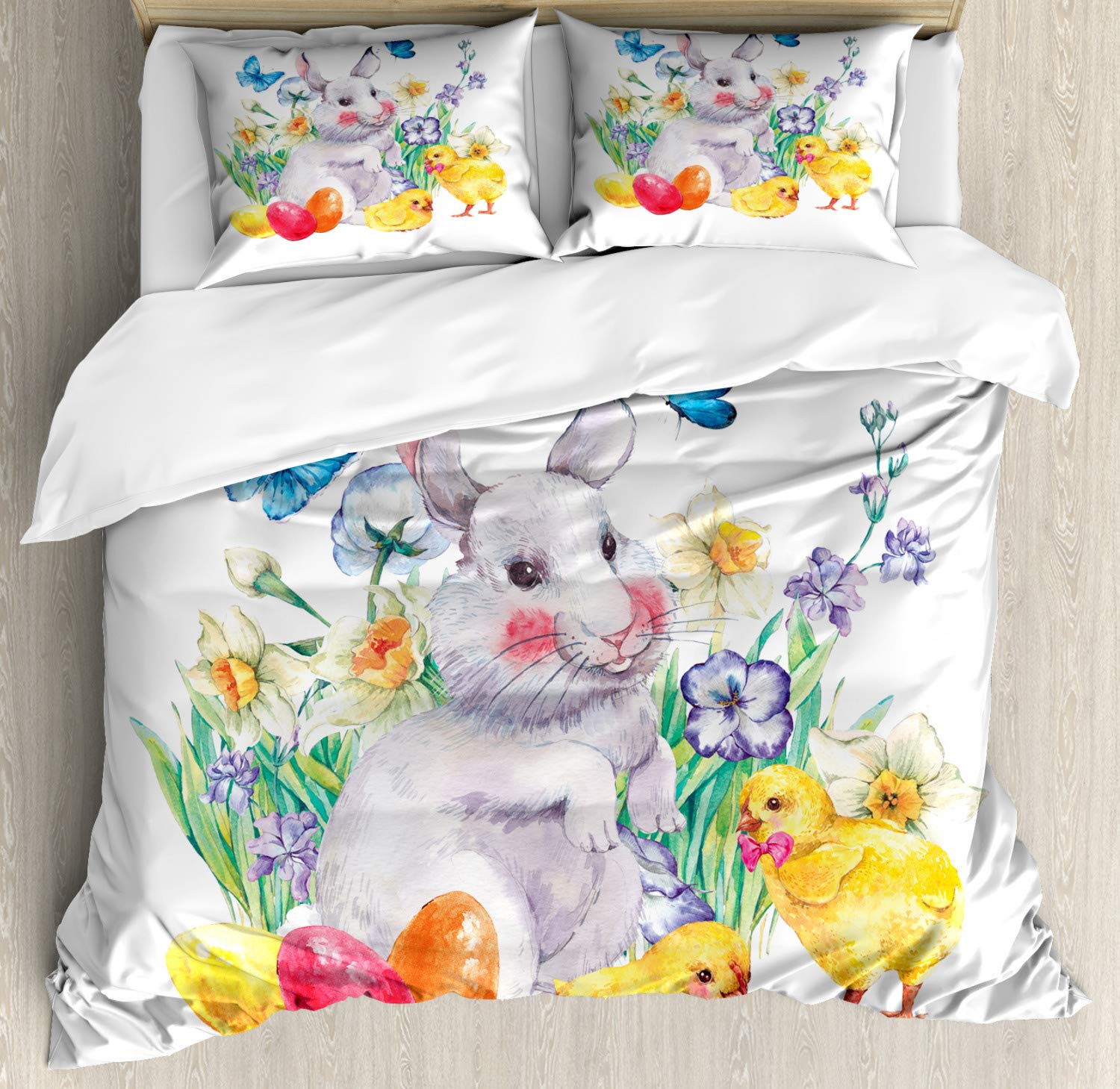 Ambesonne Bunny Duvet Cover Set - Spring Themed 3-Piece Queen Size Bedding with Chicken Egg Silhouettes, Butterflies & Flowers - Multicolor Decorative Duvet Cover & 2 Pillow Shams for Easter, Nursery or Spring Bedroom Decor