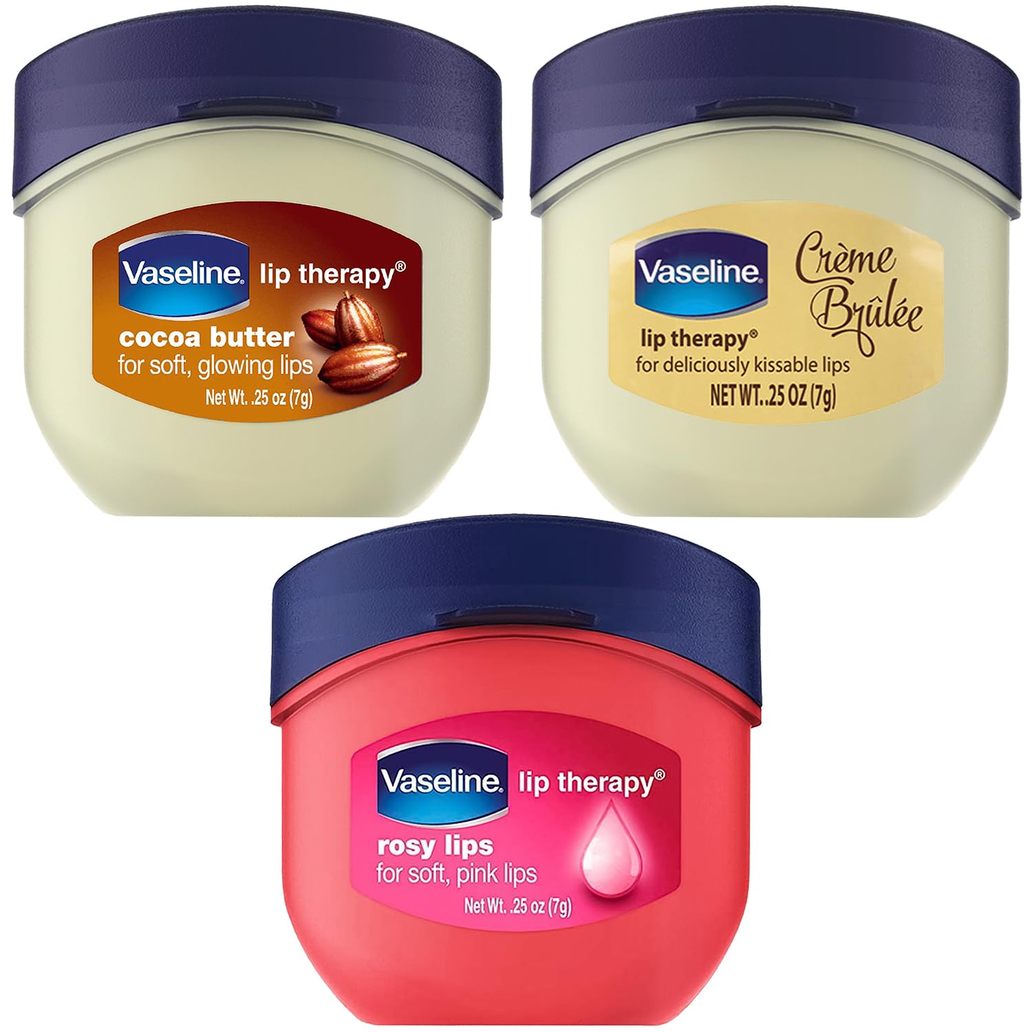 Vaseline Lip Therapy Variety 3-Pack – Crème Brûlée, Rosy Lips & Cocoa Butter Mini Lip Balms (0.25 Oz Each) for Soft, Glowing & Kissable Lips | Hydrating Lip Care for Dry Lips, Winter Protection & Everyday Moisturization