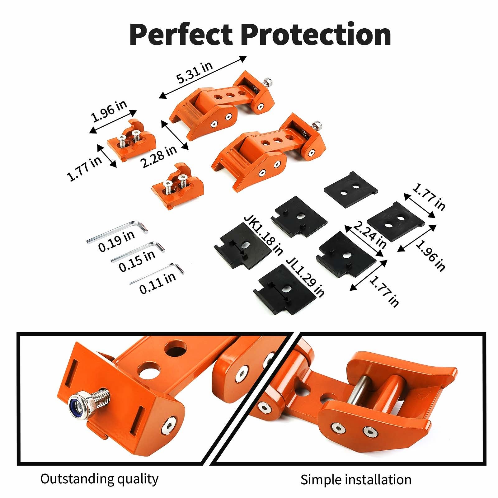 Premium Aluminum Stainless Steel Hood Latches with Lock Kit for Jeep Wrangler JK/JKU (2007-2017), JL/JLU (2018-2024), Gladiator JT (2020-2024) - Durable Off-Road Hood Clamp Fastener in Orange - Perfect for Trail Riding & Jeep Customization