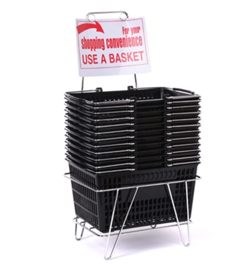12-Pack Black Plastic Hangers with Shopping Basket - Heavy Duty Closet Organizers for Clothes, Wardrobe & Retail Stores | Space Saving & Durable Storage Solution
